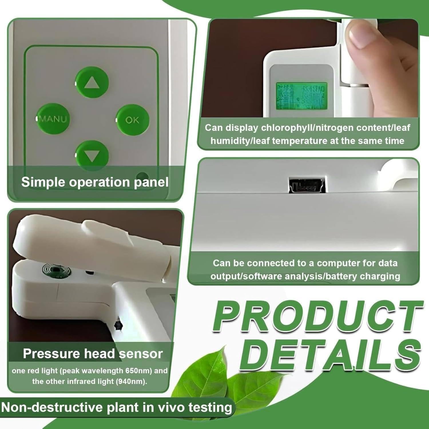 Medidor de clorofila portátil con análisis de SPAD y nitrógeno, probador de mano con exportación de datos USB, 2000 mAh, para agricultores, jardineros, científicos