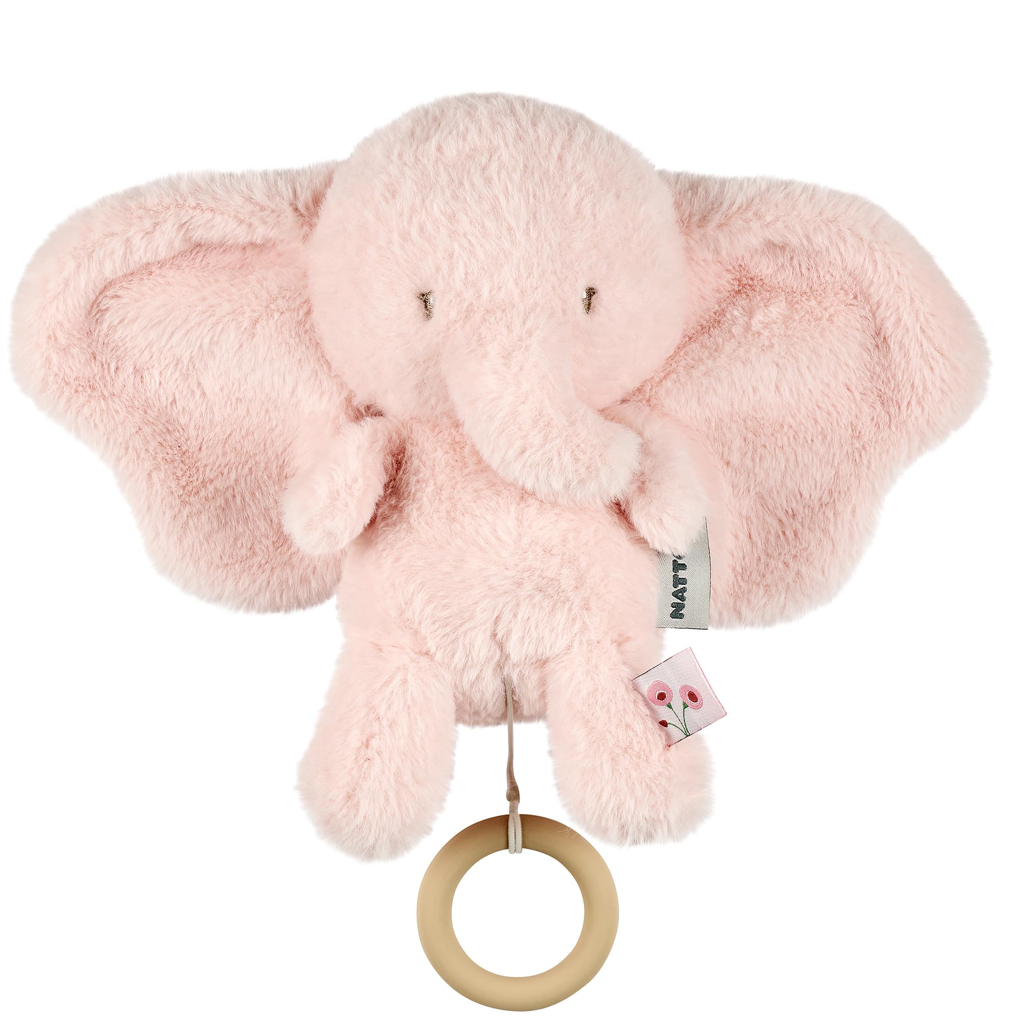 Nattou Carillon in Peluche a Pelo Lungo, Elefante, Ninna Nanna "La-Le-Lu", Con Anello, 100% Poliestere, FanFan, Rosa