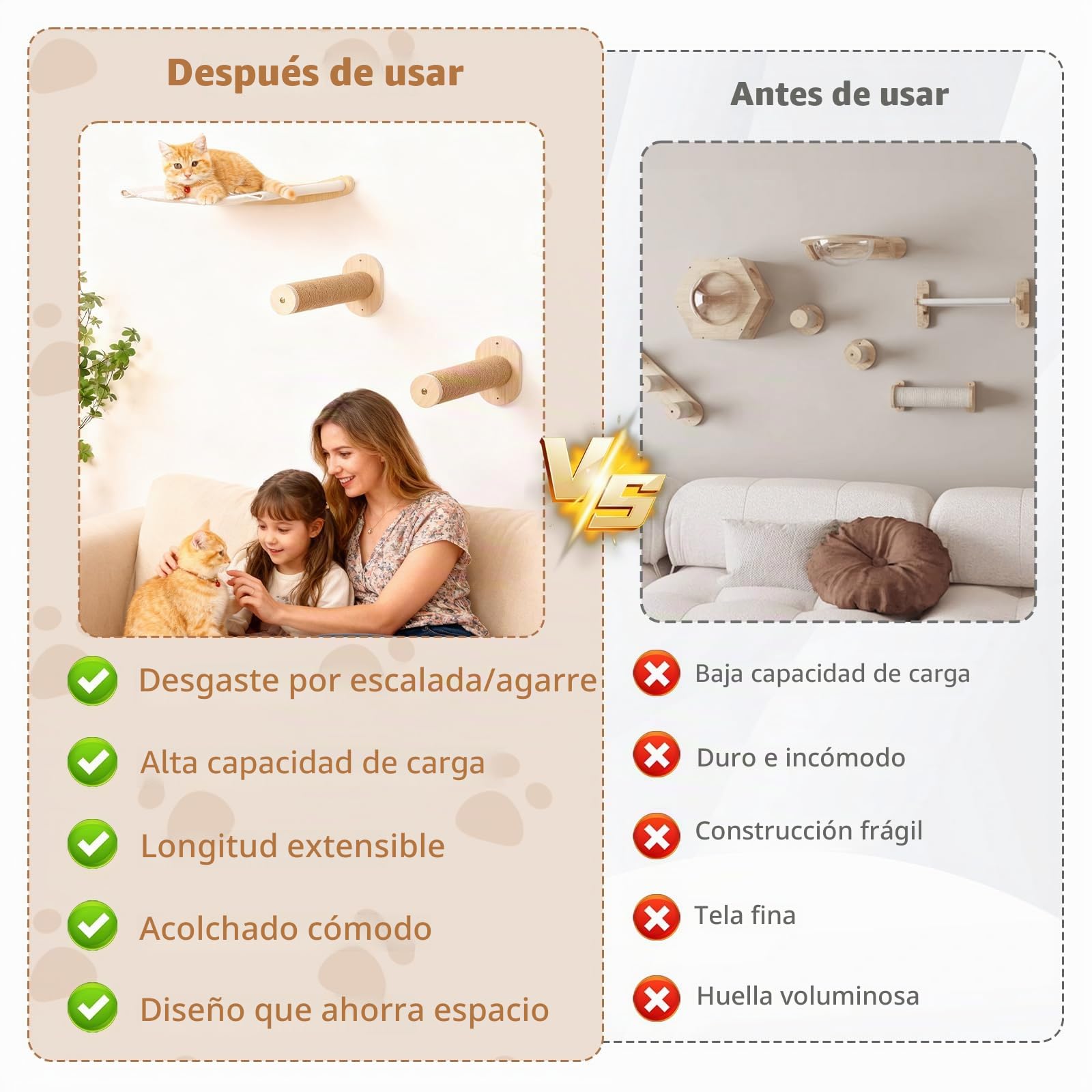 Pared de escalada para gatos, hamaca para gatos con 2 escaleras para gatos, hamaca de madera, muebles de pared para dormir, escalada y juegos