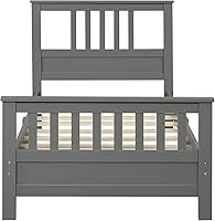 Vista 5 de Marco de cama de madera maciza, cama de plataforma de madera con cabecera y estrio, no necesita somier, fácil montaje para niños, individual (gris)