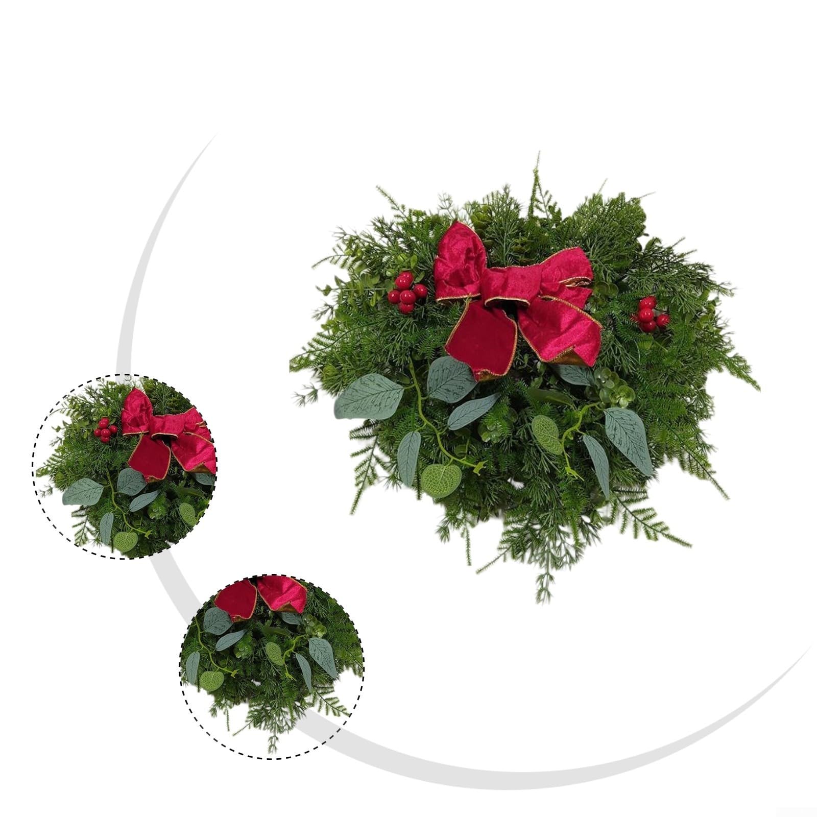 Corona artificial de Navidad de 40 cm, agujas de pino en forma de corazón con hojas de eucalipto para ventana y decoración navideña, plástico duradero y tela de seda