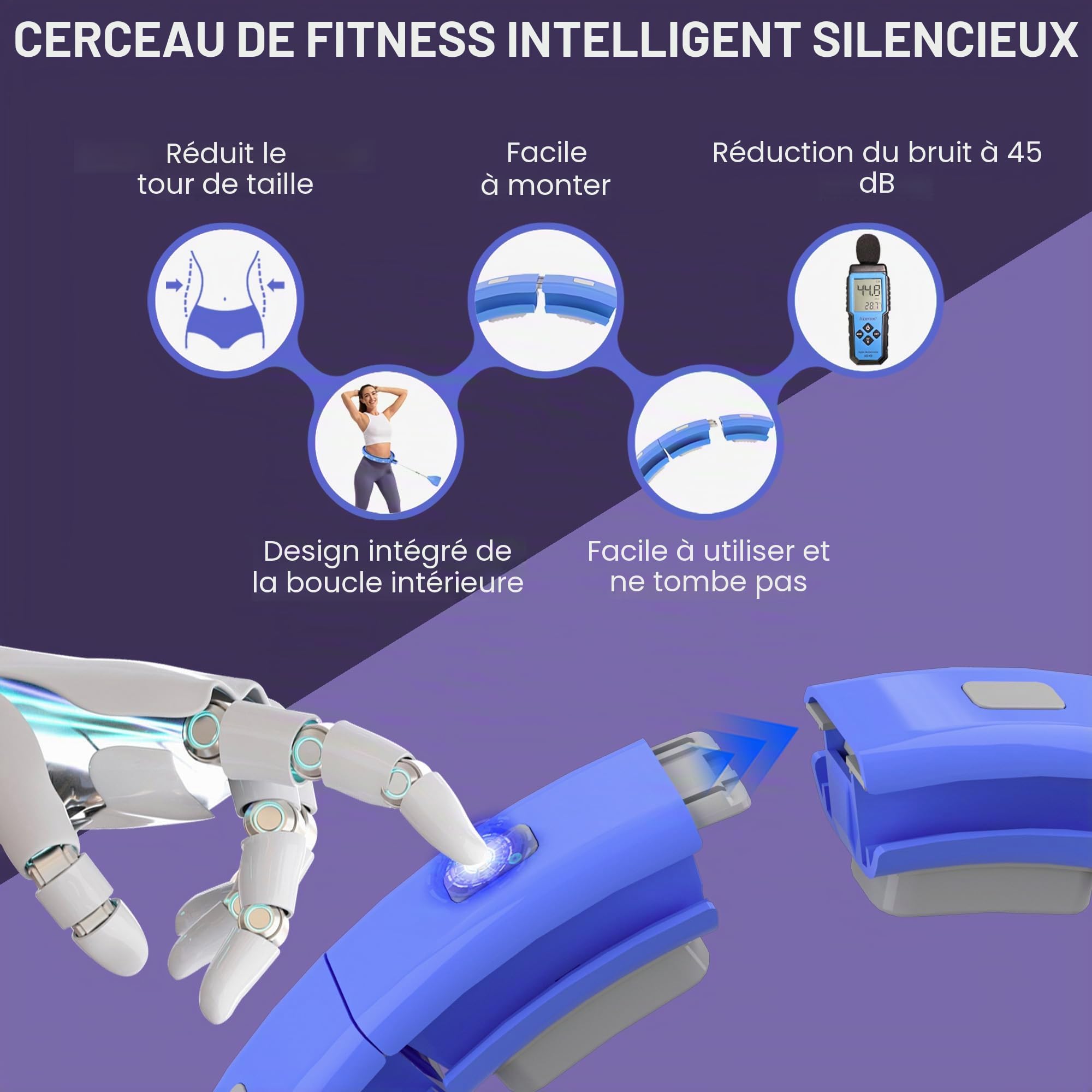Smart Hoop Cerceau de Fitness Silencieux pour Adultes et débutants, avec Poids, Compteur et Picots
