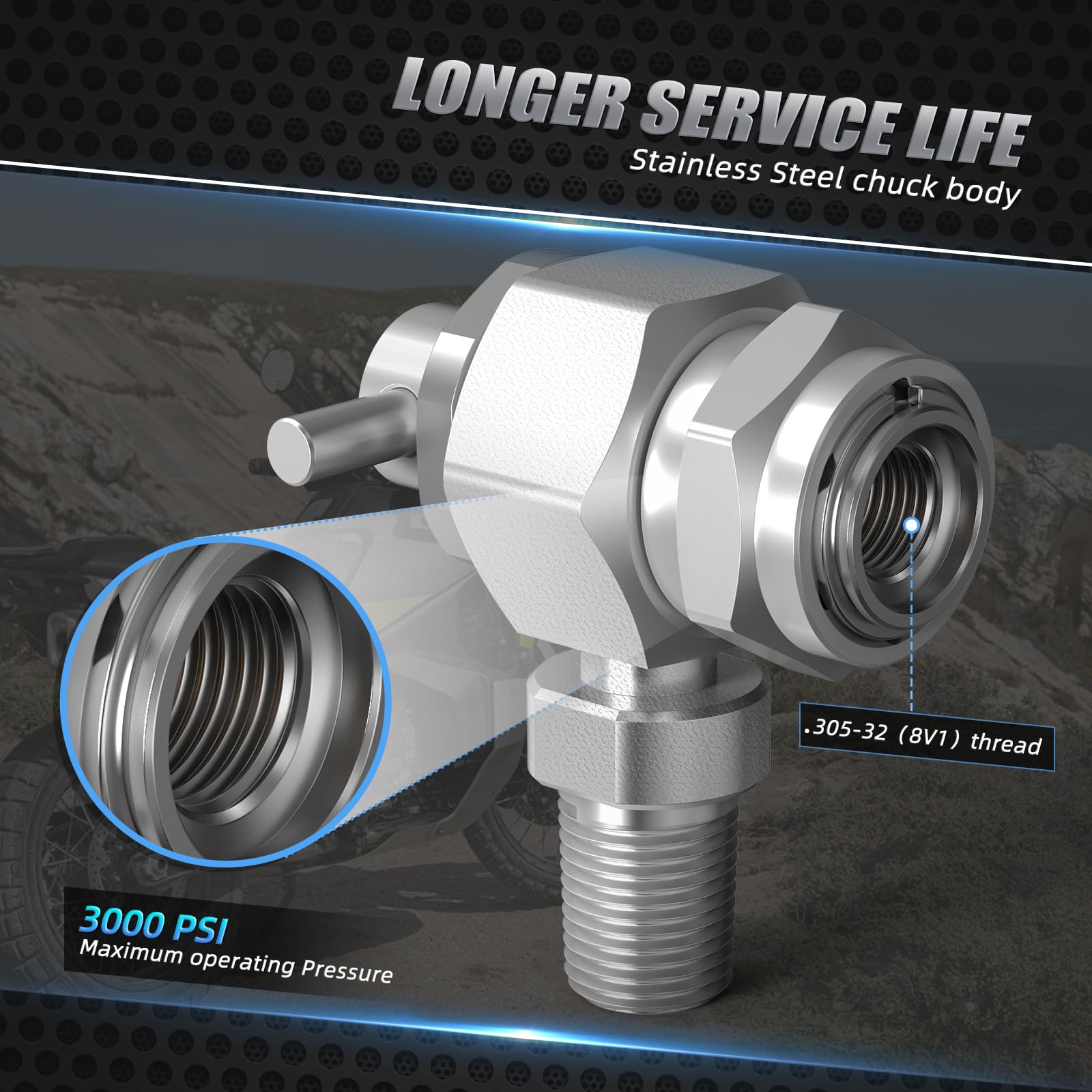 NICECNC 1/8 "NPT Maschio Azoto Strumento di riempimento Válvula Compatible with ATV, UTV, Auto o Moto Ammortizzatori & Struts con un Schrader (stelo del pneumatico) Riempimento Válvula
