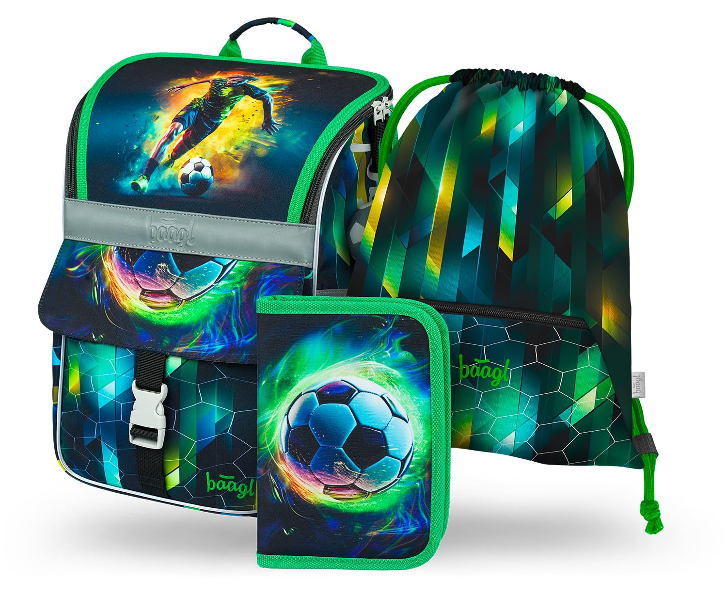 Baagl Schulranzen Jungen Set 3 Teilig, Zippy Schultasche für 1. Klasse, Grundschule Ranzen Tornister mit Brustgurt, Ergonomischer Schulrucksack (Fußballspieler)