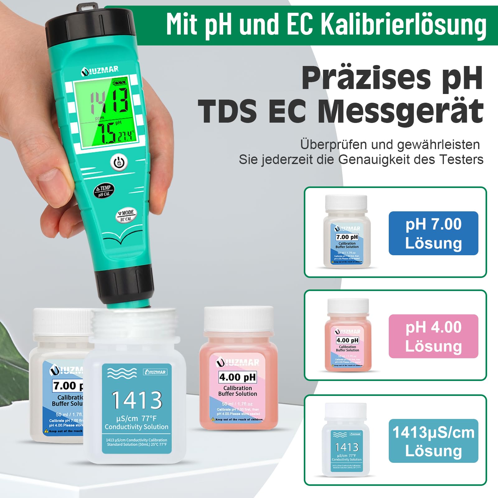 UIUZMAR pH Wert Messgerät Hydroponik, pH EC Messgerät Grow, PPM pH Messer für Wasser Hydroponik, Gleichzeitige Messung von pH EC TDS Temperatur für DWC, Aeroponic, Aquarium, Fischteich