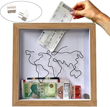 Travel Memory Box, Keepsake Shadow Box, Ticket Shadow Box with Slot, Keepsakes, Ticket Holder with World Map and Plane Design, Theatre Gifts Color Wood Color , Size 8 inches
