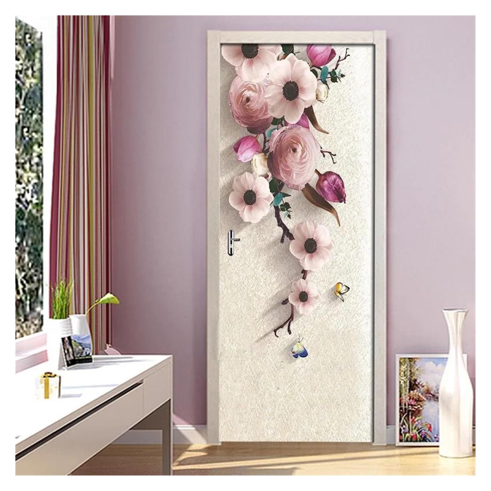 Stickers décoration salon cuisine et autocollant de porte fleurs roses 3D