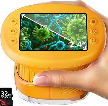 1000X Handheld Microscope for Kids 4K 2.4" Screen Digital Kids Microscope with 12 Slides Portable Edu Toy Gift for 3 4 5 6 7 8 9 10 11 12 Years Old Boys Girls Children Students Yellow
