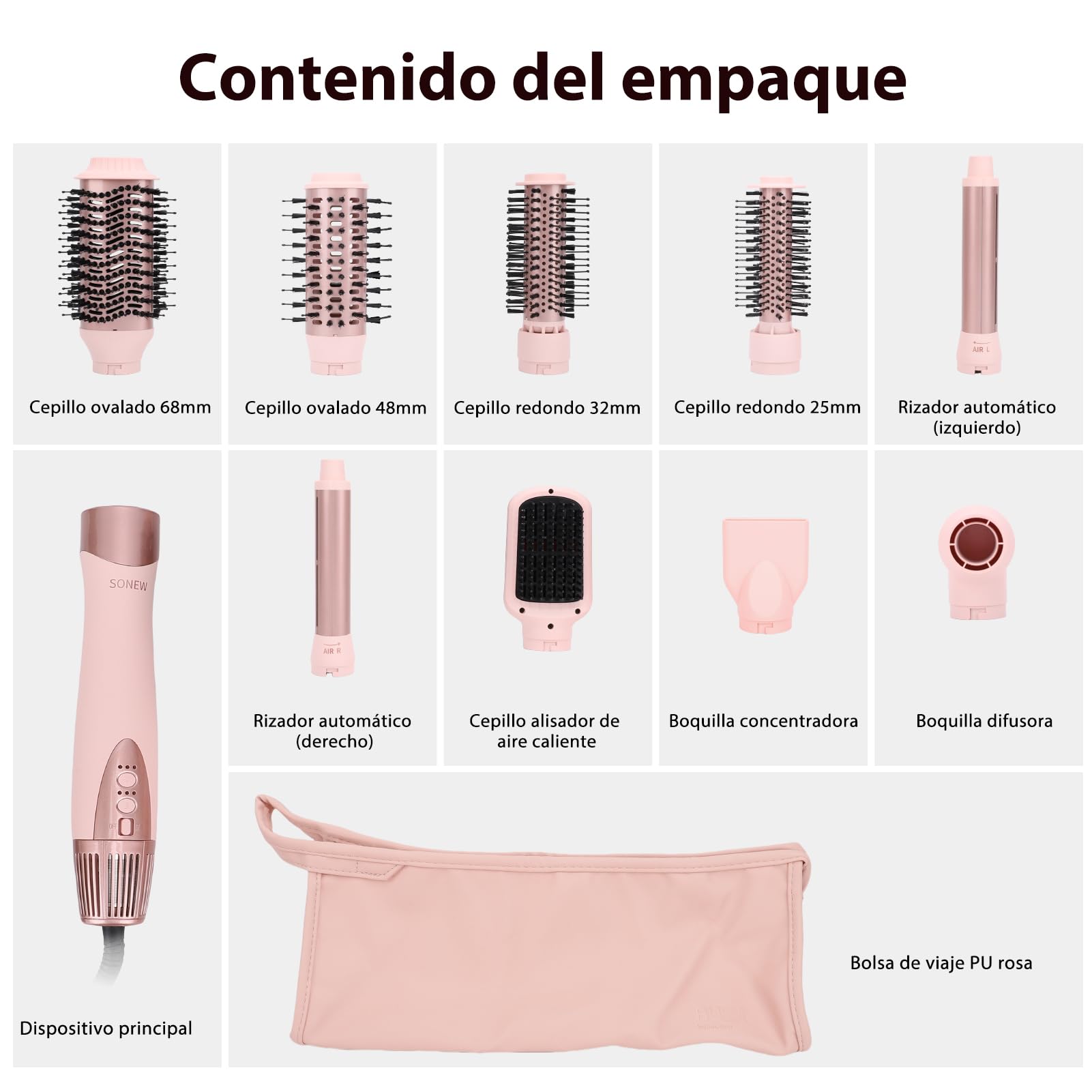 Sonew Estilizador de Pelo 9-en-1 Multi Hairstyler, 110.000 rpm, Cepillo Alisador, Iones y Secador, 68 mm/48 mm/32 mm/25 mm
