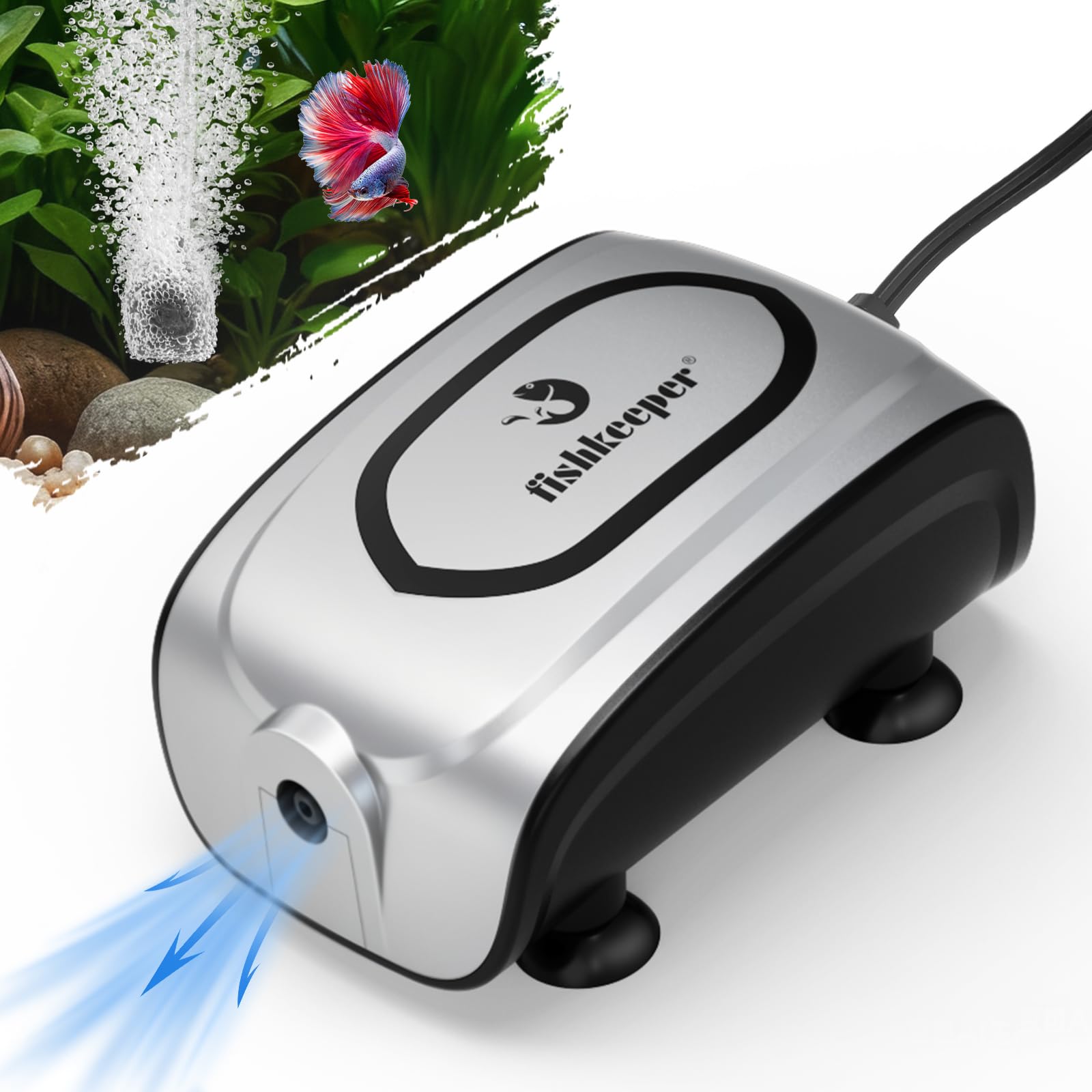 fishkeeper Quiet 3W/5W Aquarium Air Pump - Small & Powerful Dual Outlet Fish Tank Air Pump, Adjustable Oxygen Aerator Pump with Air Stone Bubbler Kits for 1-160Gal Fish Tanks (Silver-Gray, 2026 New)