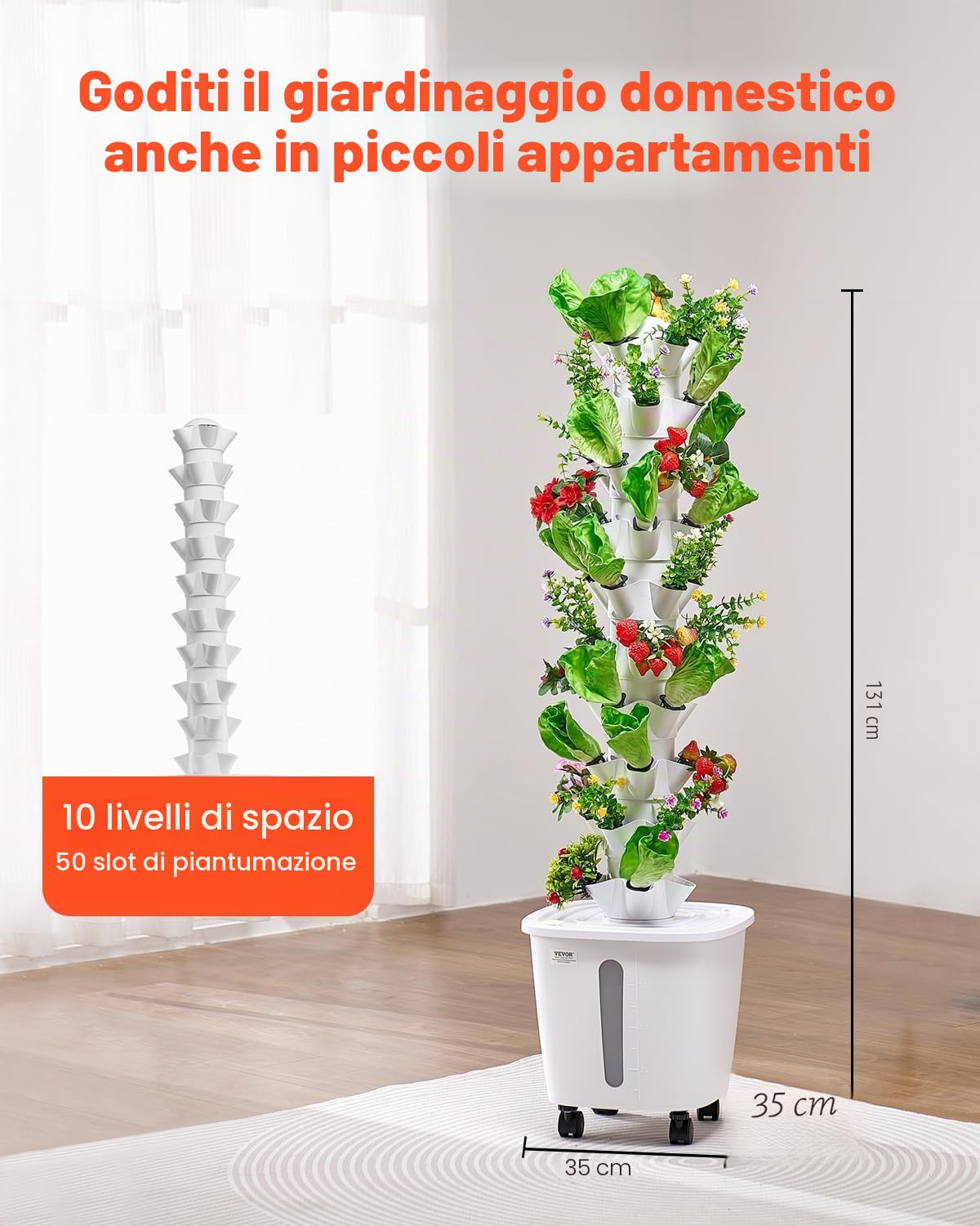 VEVOR Sistema di Coltivazione Idroponica, 50 Baccelli Verticali a 10 Livelli, Torre Idroponica Mobile con Pompa dell'Acqua e Ruote, Germinazione Interno, per Erbe Aromatiche Frutta Verdura