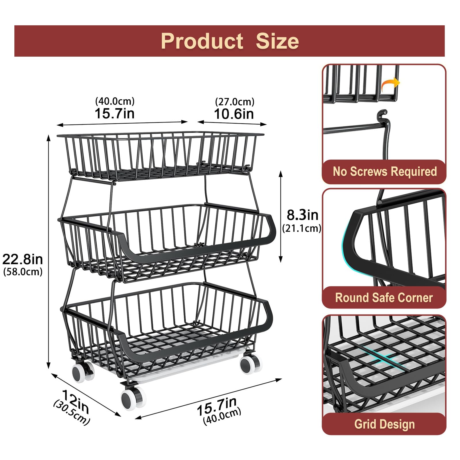 Carrito de despensa rodante de 3 niveles con ruedas, organizador de piso de almacenamiento de alambre apilable para estantes de cocina, despensa, soporte de cesta de frutas, estante de