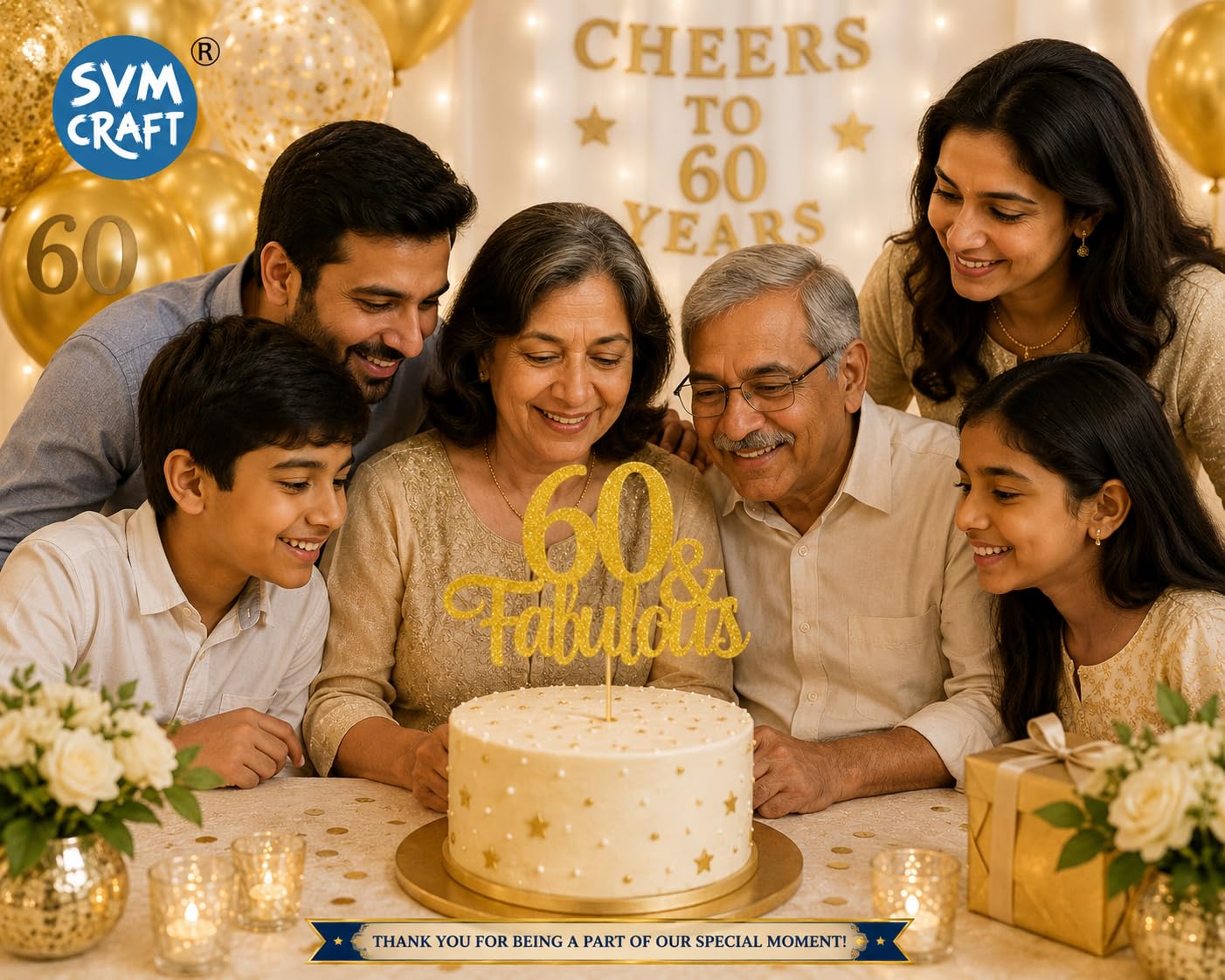 Gold Glitter 60th Birthday Cake Topper - "60 & Fabulous" -5