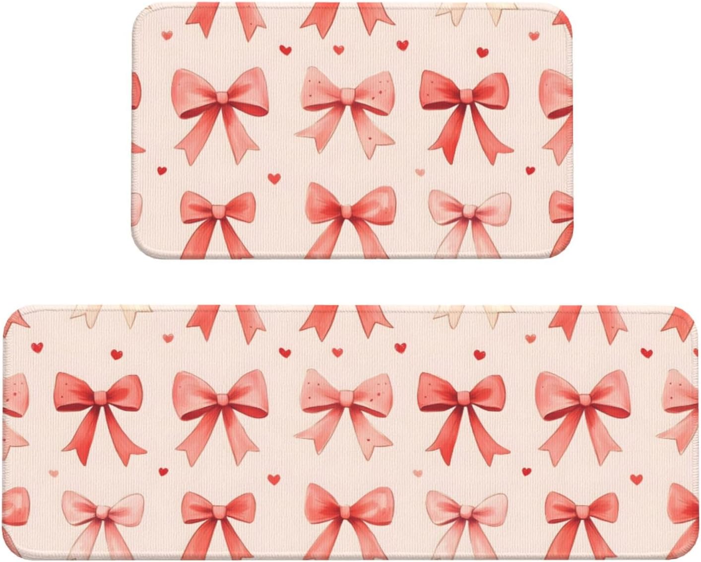 Pink Bow Print Kitchen Rugs Sets of 2 Non Slip Washable, Anti Fatigue Kitchen Mats for Floor, Home Decor