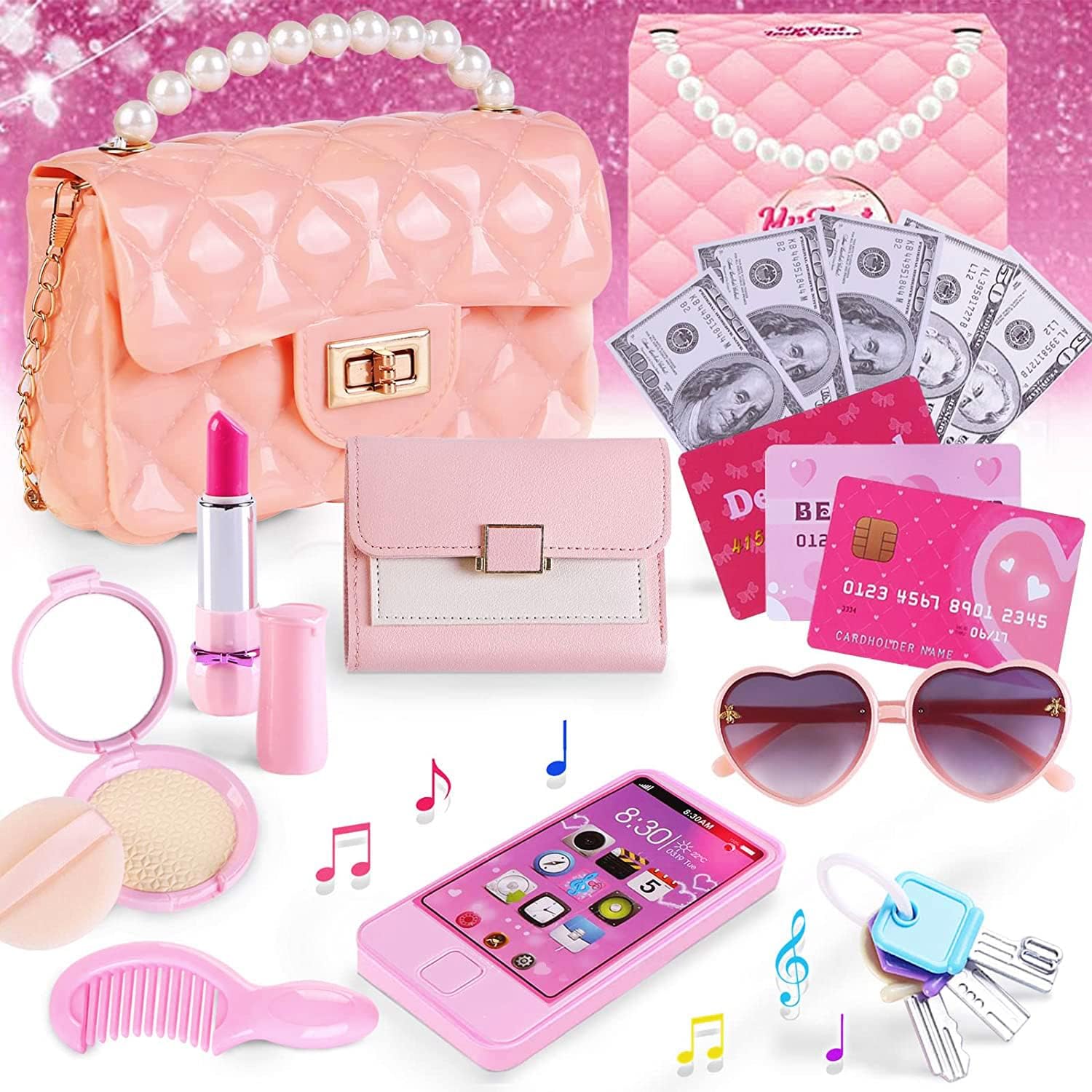 Purse Makeup Toys For Girls - Toddlers Kids Bag Cute Baby Little Pink Cell Phone Cosmetic Lipsticks Princess Play Money Jewelry Credit Card Accessories Birthday Gifts 3 4 5 6 7 8+ Years Old