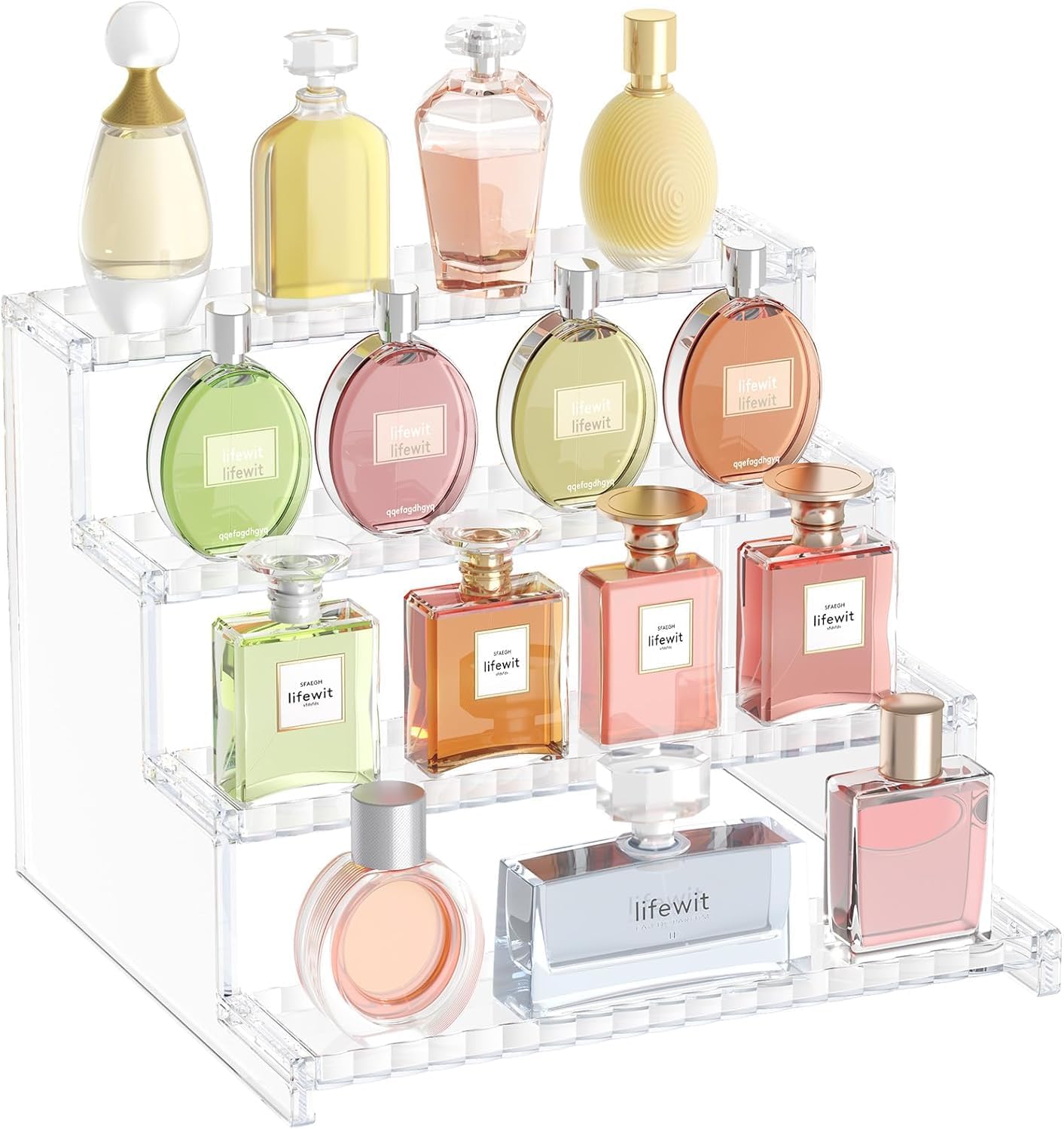 Lifewit 4 Tier Clear Display Risers Stand with Decorative Fences Plastic 12 Inch Dark Cologne Stand, Step Perfume Organizer