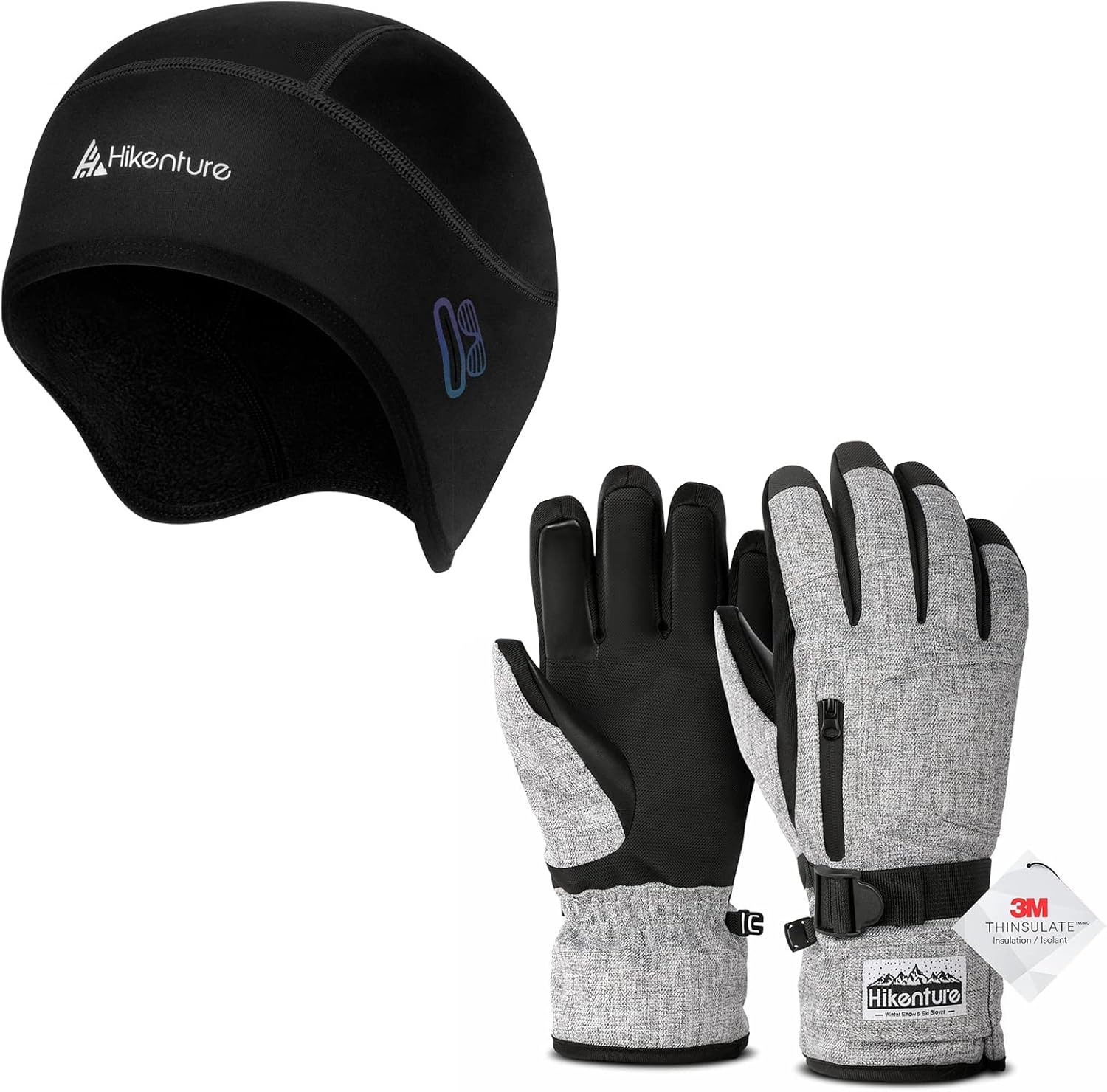 Hikenture Skull Cap Helmet Liner and Ski Gloves for Winter, Thermal Cycling Cap and 3M Thinsulate Waterproof Snowboard Gloves for Men & Women, Cycling Hat and Touchscreen Snowmobile Gloves (Size: L)