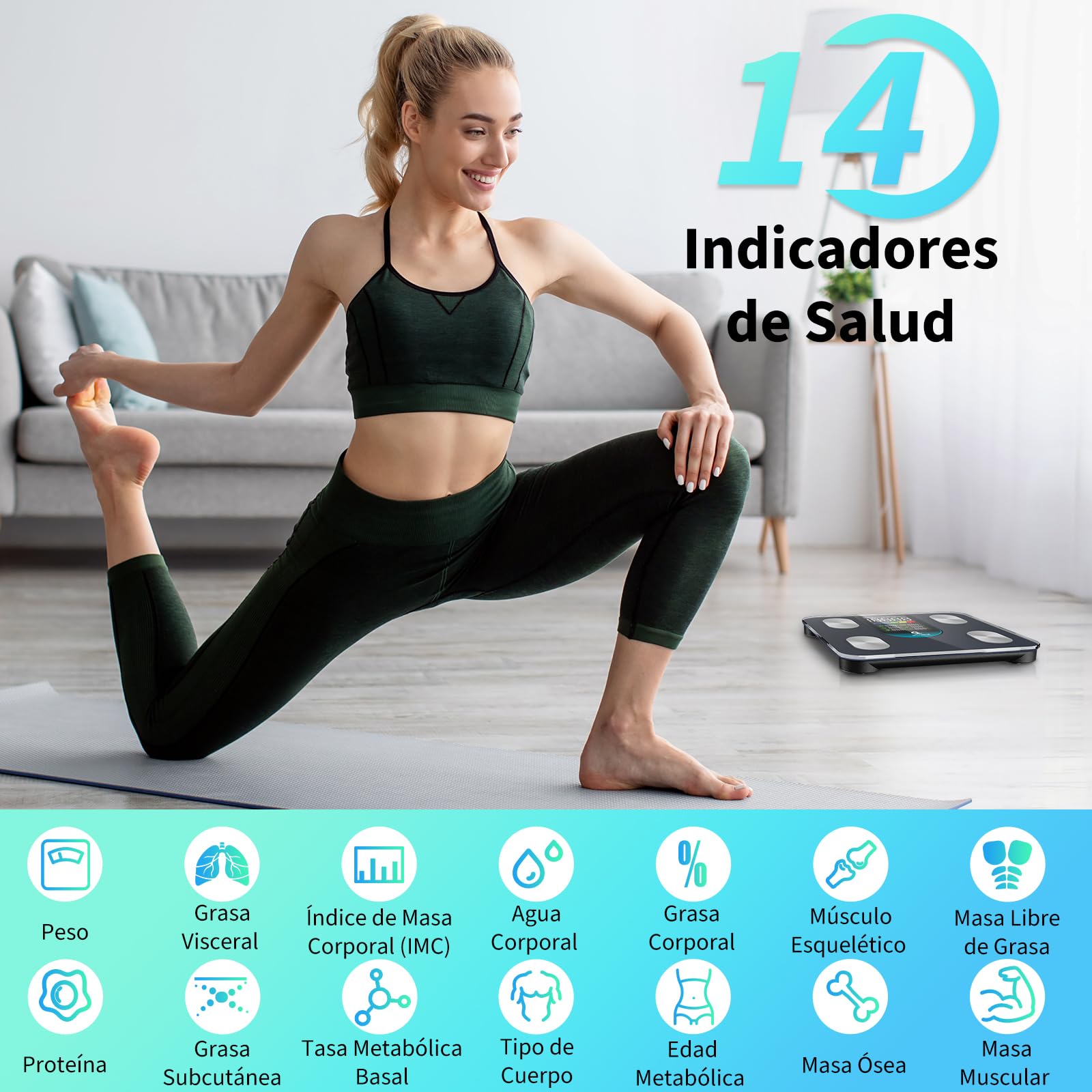 Arboleaf Báscula de Baño Inteligente, Balanza peso Corporal Bluetooth con App, Bascula Digital con Pantalla Grande para IMC, Grasa Corporal, Masa Muscular, 14 Métricas, Alta Precisión, Hasta 180 KG