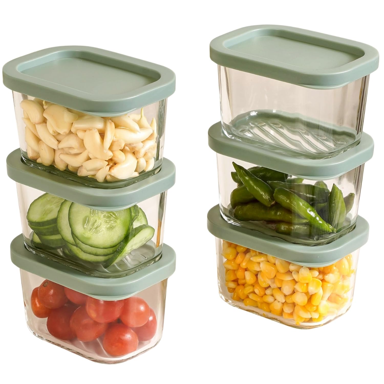 Nestasia Groovo Glass Containers for Fridge Storage Set of 6 (310ml Each) - Transparent Stackable Glass Container with Lid, Microwave & Dishwasher Safe Containers with Ribbed Texture (Green)