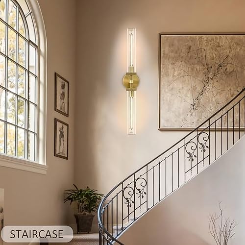 Miniatura 7 de Aplique de pared de baño de 30", apliques de pared de latón con cableado fijo, aplique de pared dorado regulable, apliques lineales moleteados de