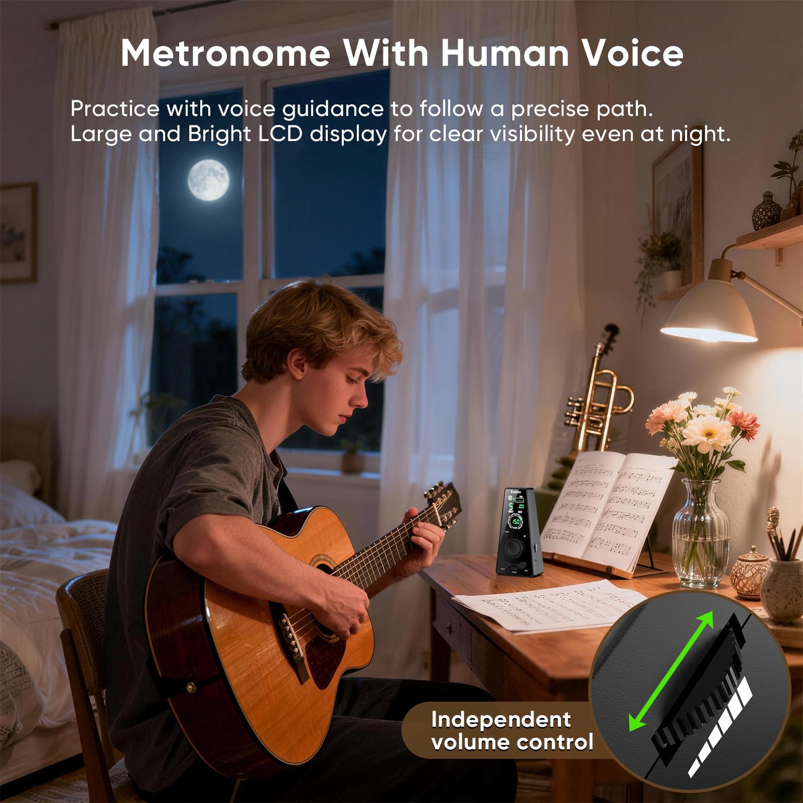 Ueteto Métronome numérique pour piano, guitare, batterie, violon, métronome avec voix humaine et prise casque, 9 rythmes, 40-208 BPM, fonction minuterie pour musiciens