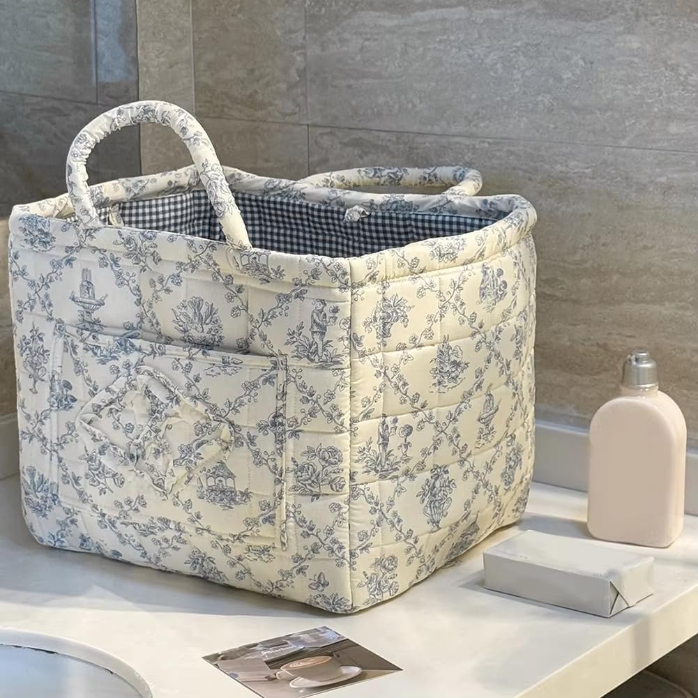Storage Basket with Handles, Floral Toile Print, Gingham Lining, 11.81x10.24x11.02 Inch, Washable Organizer for Closet, Laundry, Home