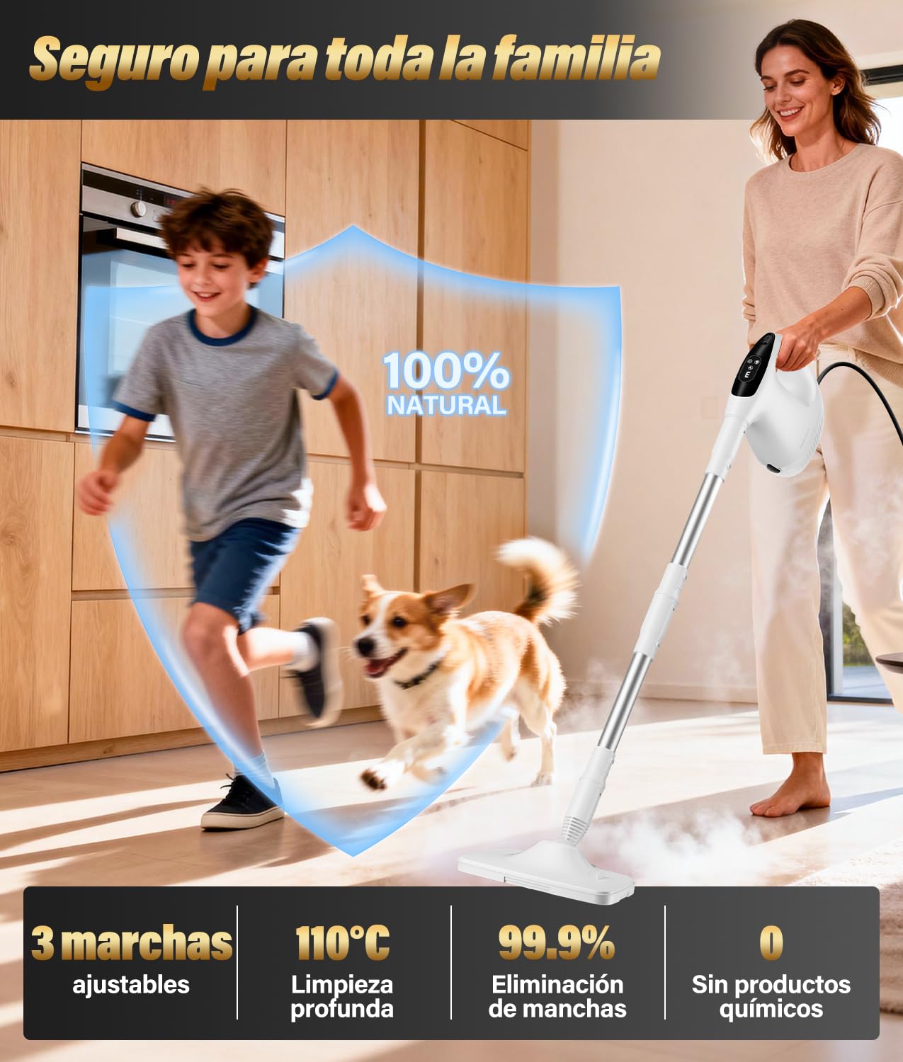 PAHTTO Limpiador a vapor con unidad de mano extraíble, 17 accesorios y depósito de agua de 500 ml, tiempo de calentamiento de 15 segundos, potencia de vapor regulable, para suelos, cocina y baño