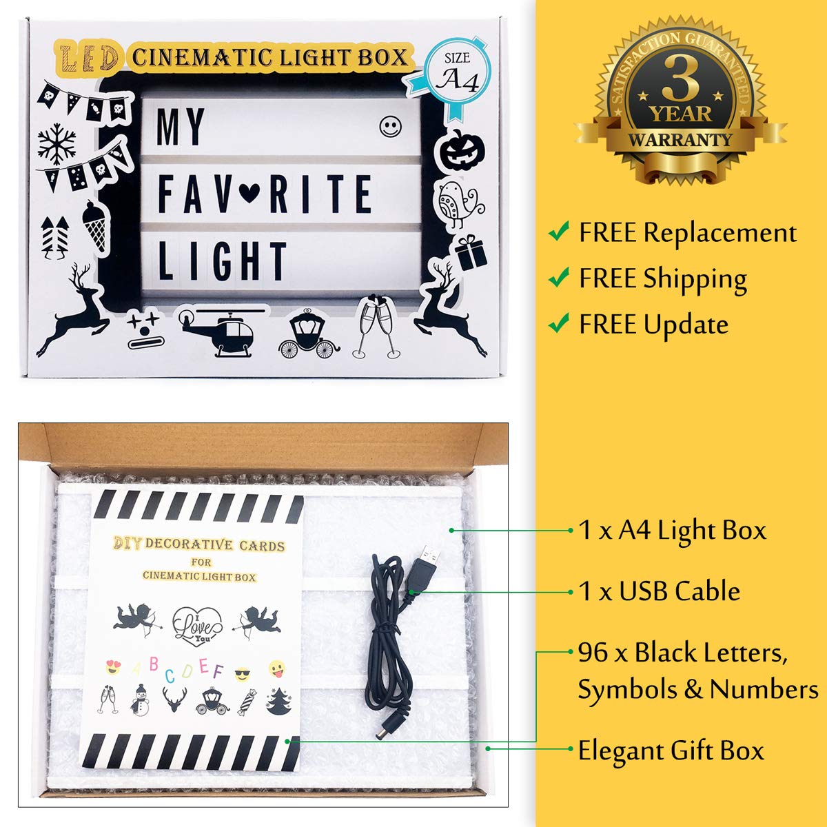 Light up Box Sign with Letters A4 Size DIY Decorative Cinema Symbol