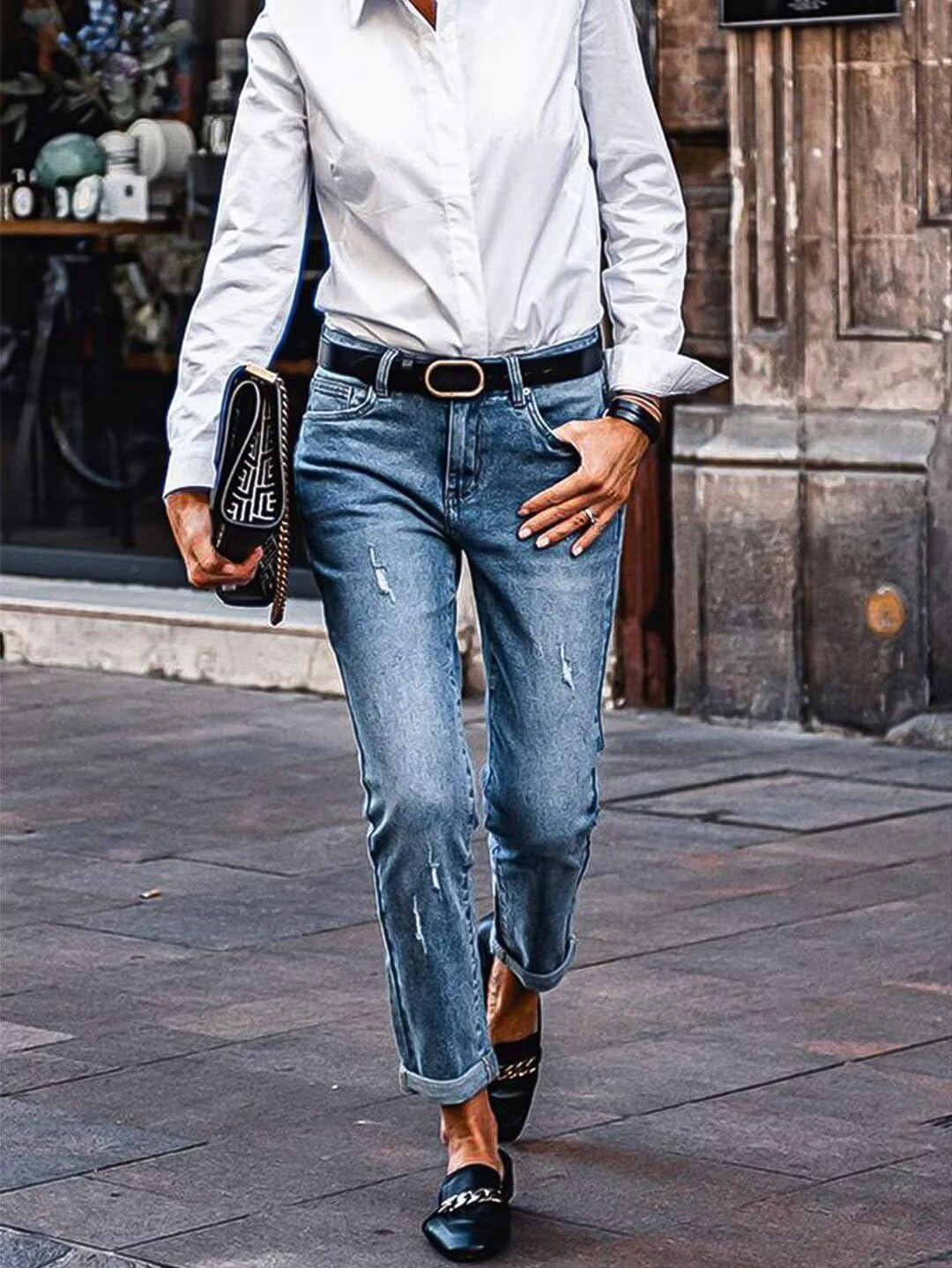 Flamingals Straight Leg Low Waist Boyfriend Roll Hem Wash Detail Denim Jeans Without Belt - Image 5