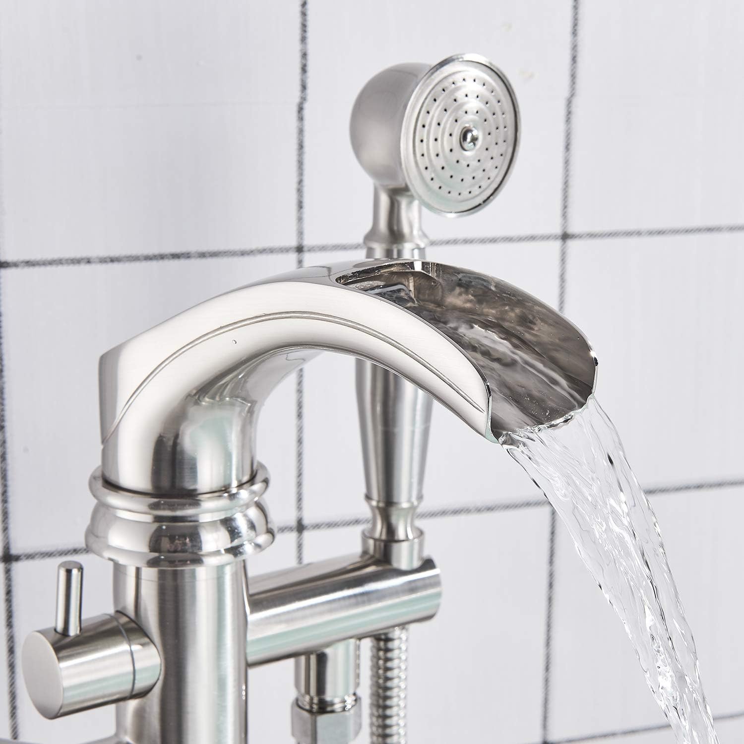 Buy 2 get 3 Senlesen Brushed Nickel Bathroom Single Handle Freestanding Bathtub Faucet Floor Mounted Waterfall Tub Filler with Hand Shower Set