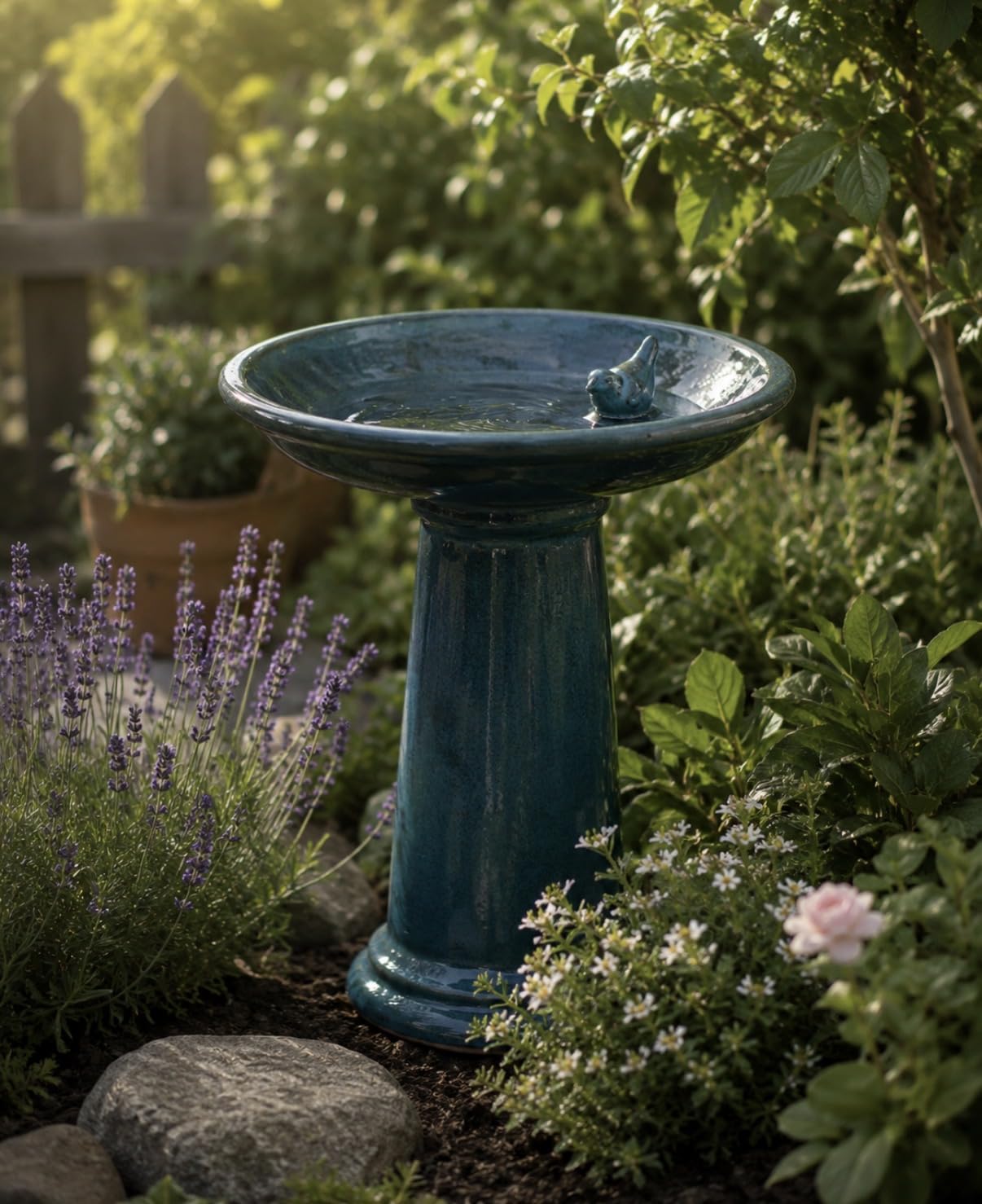 Dekorative Vogeltränke/Vogelbad aus Keramik mit stabilem Fuß. Ideal für Garten, Terrasse oder Balkon und perfekt als stilvolle Wasserstelle für Wildvögel.