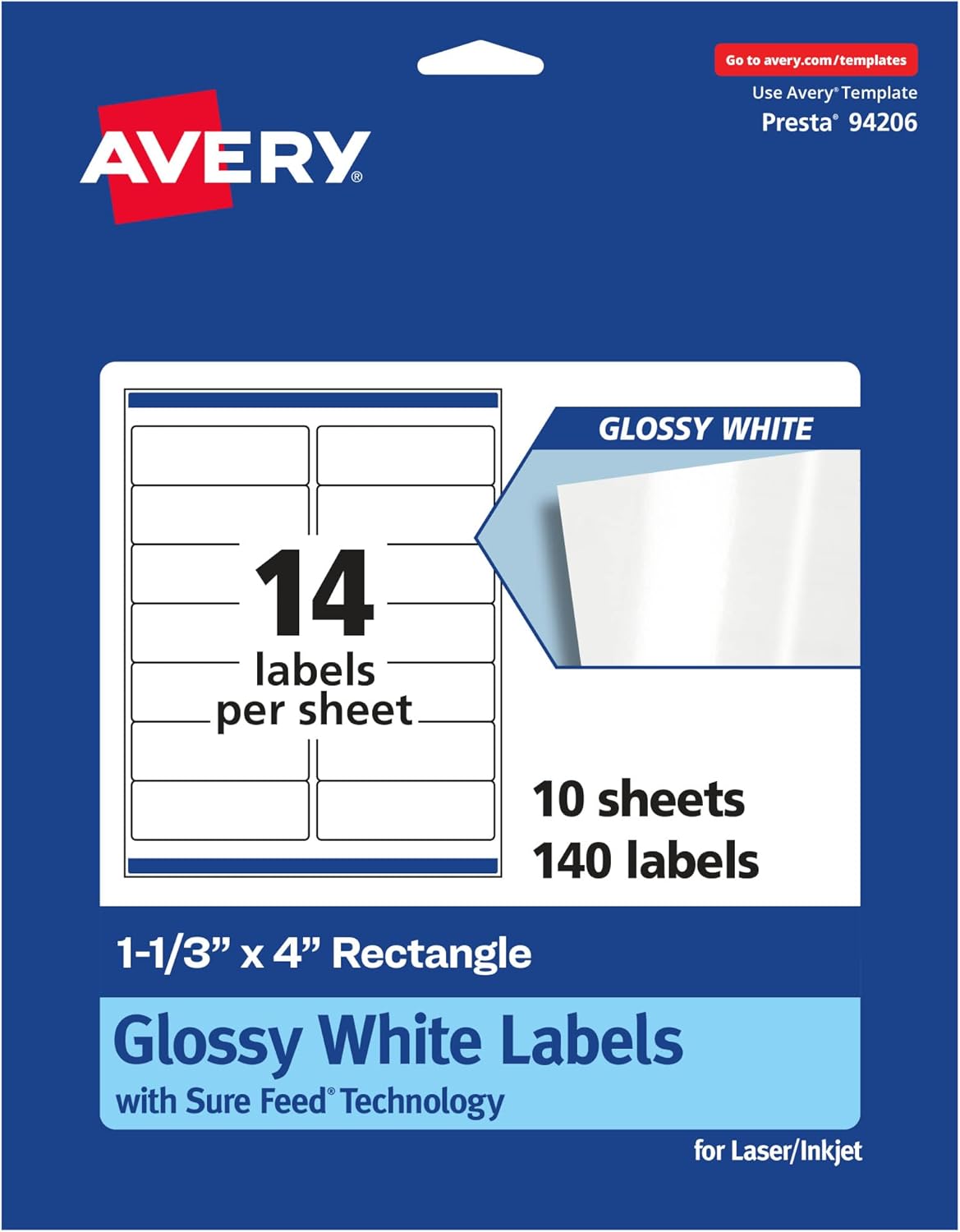 Avery Glossy White Rectangle Labels, Sure Feed Technology, 1-1/3" x 4", 350 Glossy White Labels, Permanent Adhesive, Laser/Inkjet Printable