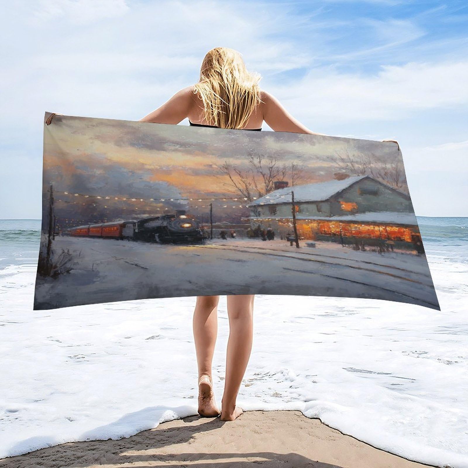 Luyysky Classic Rustic Antique Train Quick-Drying Beach Towel, Fantasy Watercolor Christmas Sunset Snowy Landscape Steam Train Travel Vacation Single Sided Pile Bathroom Towels-80 W Cm X 160" L Cm