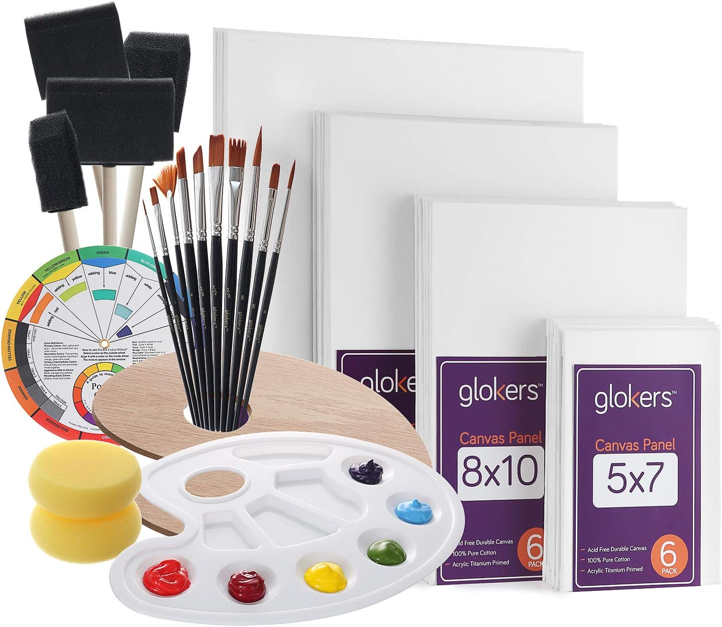 Glokers Canvas Panels Painting Kit | Art Supplies Set Includes Paint Palette, Sponge Brushes, Canvases, Paintbrushes & Mixing Wheel | Warp-Free Painting Canvas Great for Acrylic, Oil & Watercolor