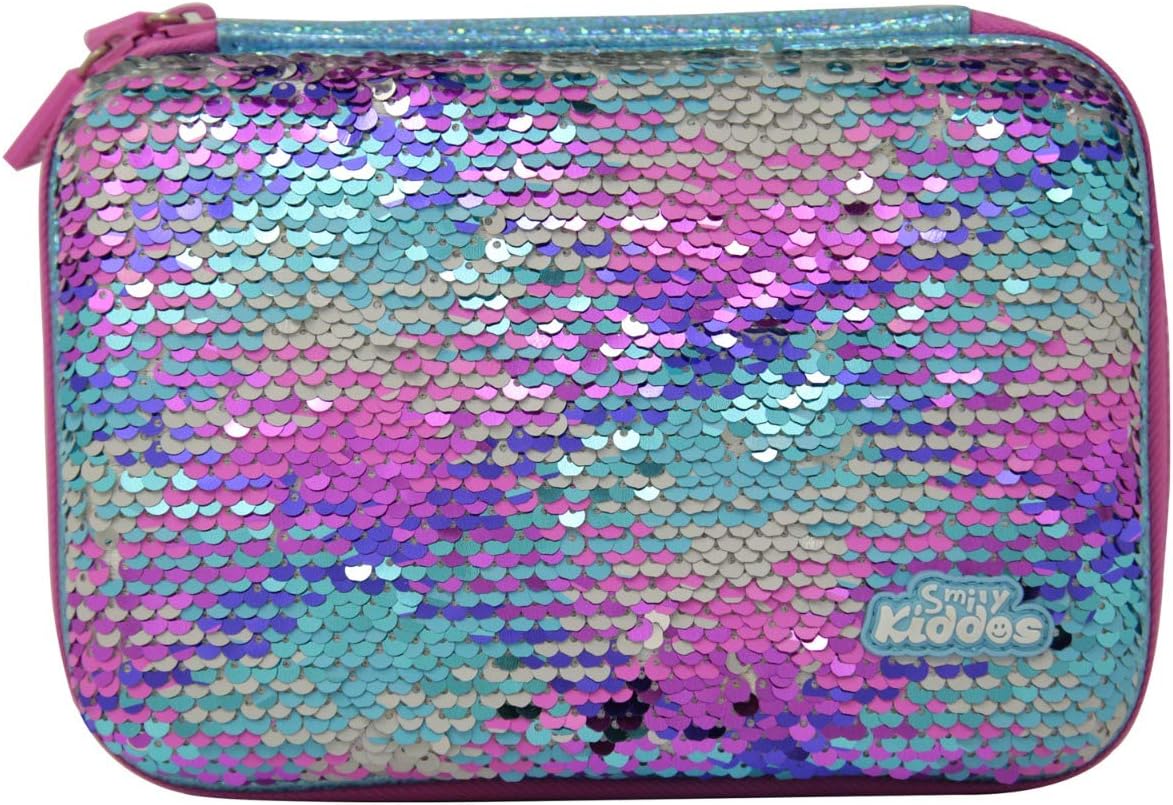 Smily Bling Pencil Case Light Blue Reversible Pencil Cases Sequin Large Pencil Case Big Capacity Storage Bag Pen Pouch Holder Large Storage Stationery Organizer for School Supplies