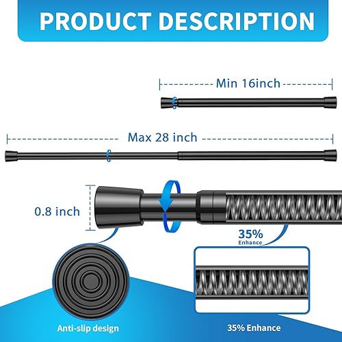 Miniatura 3 de SISELBA Barra de tensión negra, pequeña barra de tensión de 18 a 28 pulgadas, barra de cortina ajustable de tensión pequeña, sin taladrar, barra de