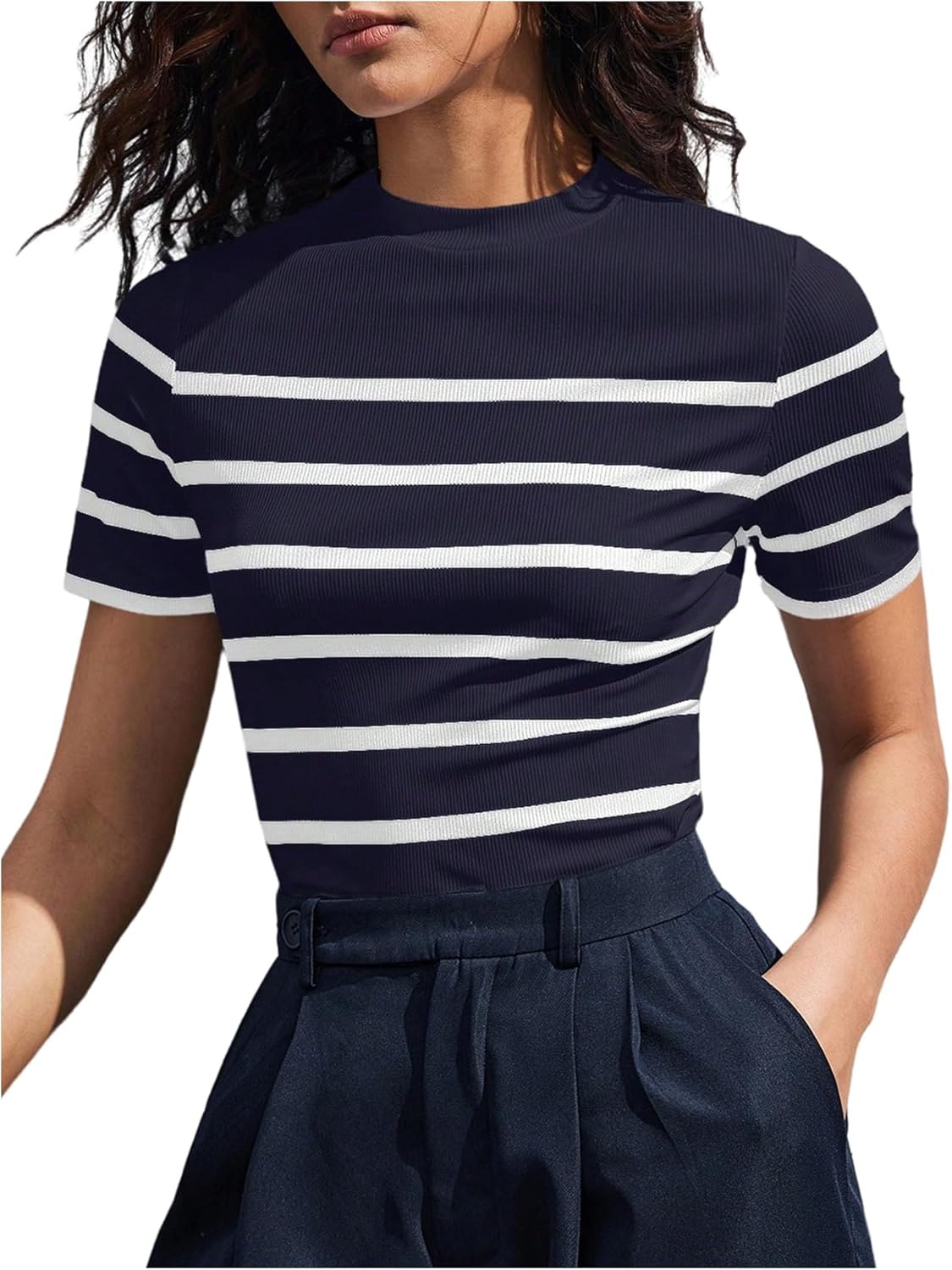 SOLY HUX Women's Striped T Shirt Mock Neck Short Sleeve Fitted Tee Ribbed Knit Summer Tops