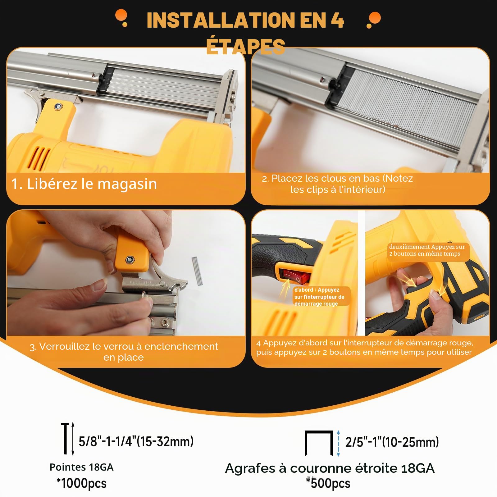 Cloueuse sans fil pour Dewalt 20 V batterie, 18GA Pistolet à clouer sans fil agrafeuse électrique cloueuse 2 en 1 avec 1000 clous et 500 agrafes pour bricolage et travaux du bois