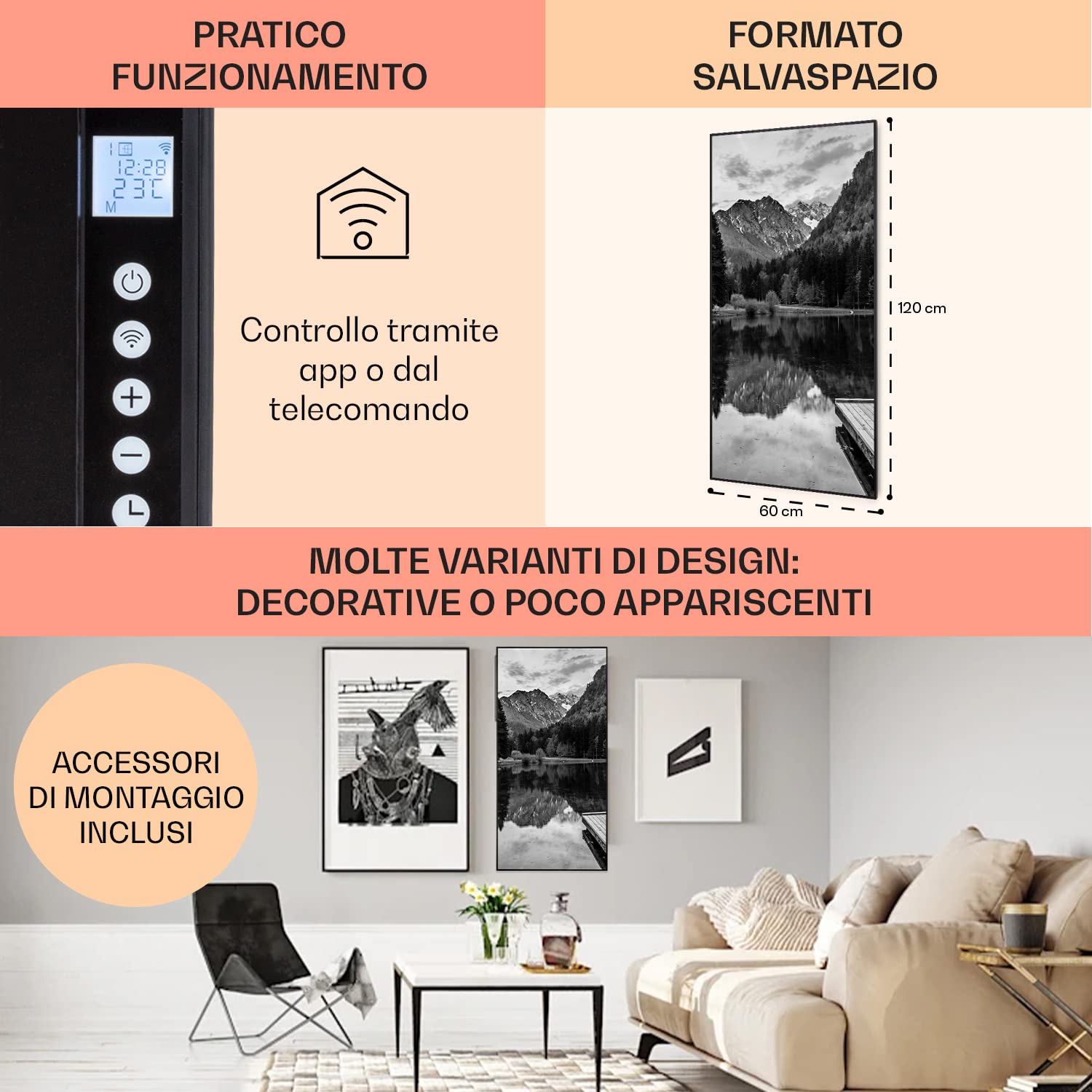 Klarstein Air Art Smart Stufa Elettrica Basso Consumo, Termoconvettore Elettrico da Parete 700W con Controllo IoT/WiFi App, Termosifone Elettrico a Muro, Pannello Radiante Infrarossi, Senza CO2