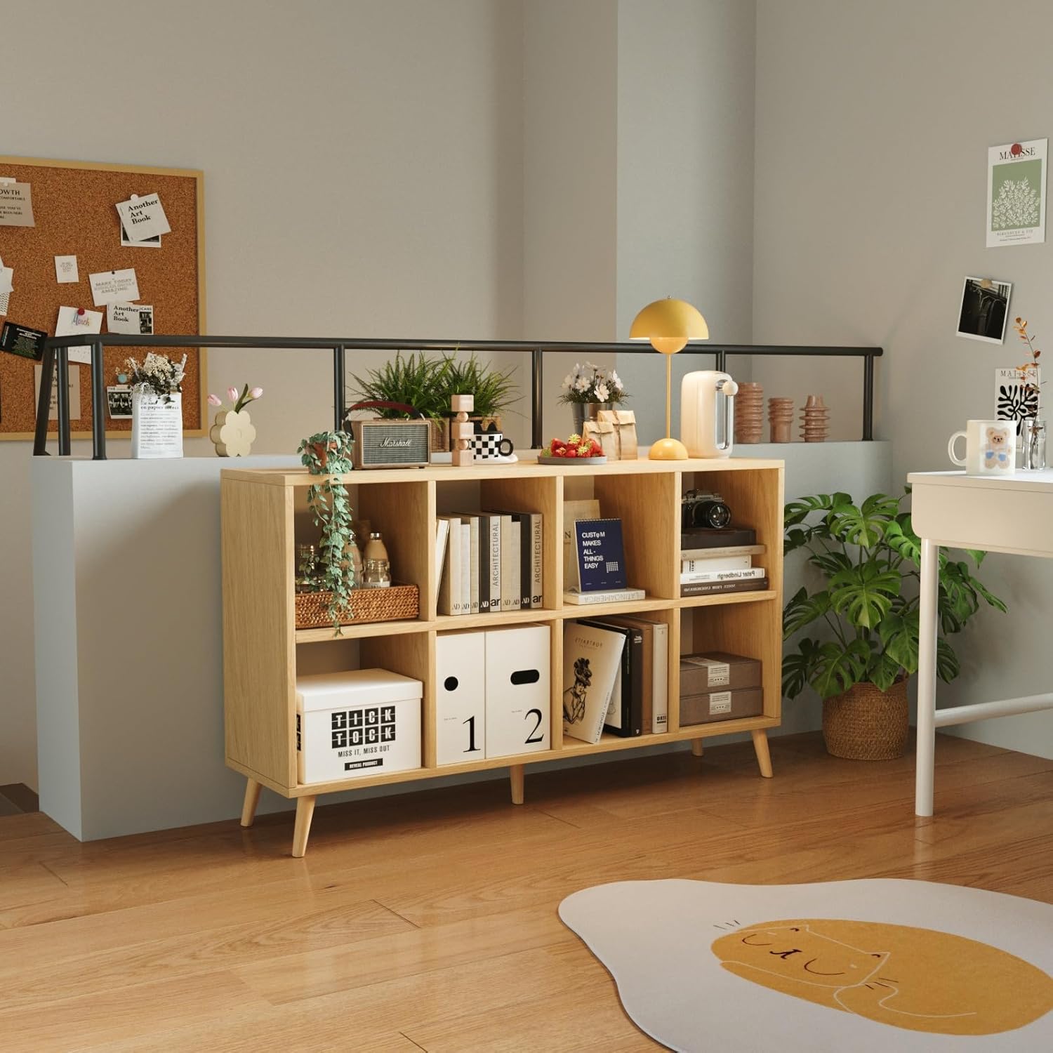 8 Cube Storage Organizer, Mid-Century Modern Wooden Bookcase with 5 Solid Wood Legs, Horizontal Cubby Bookshelf Fits 11 Inch Bins, Versatile Console TV Stand for Living Room, Kids Room, Natural