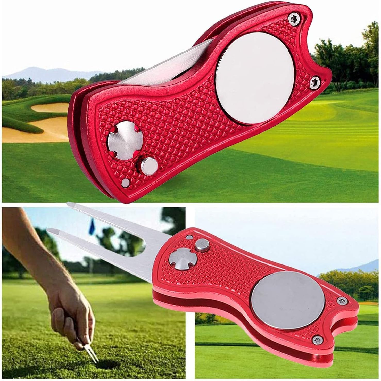 Kiuiom Golf Horquilla Arreglapiques Plegable 2PC Herramienta Reparación Divot Campo de Golf con Mosquetón
