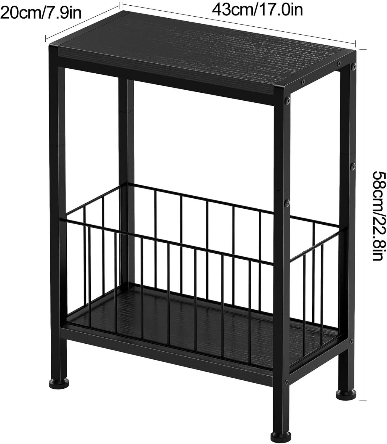 Narrow Side Table, Skinny End Tables with Magazine Holder, Small Sofa Table for Small Spaces, Space-Saving Design, Slim Nightstand Bedside Table for Living Room, Bedroom, Office, Black