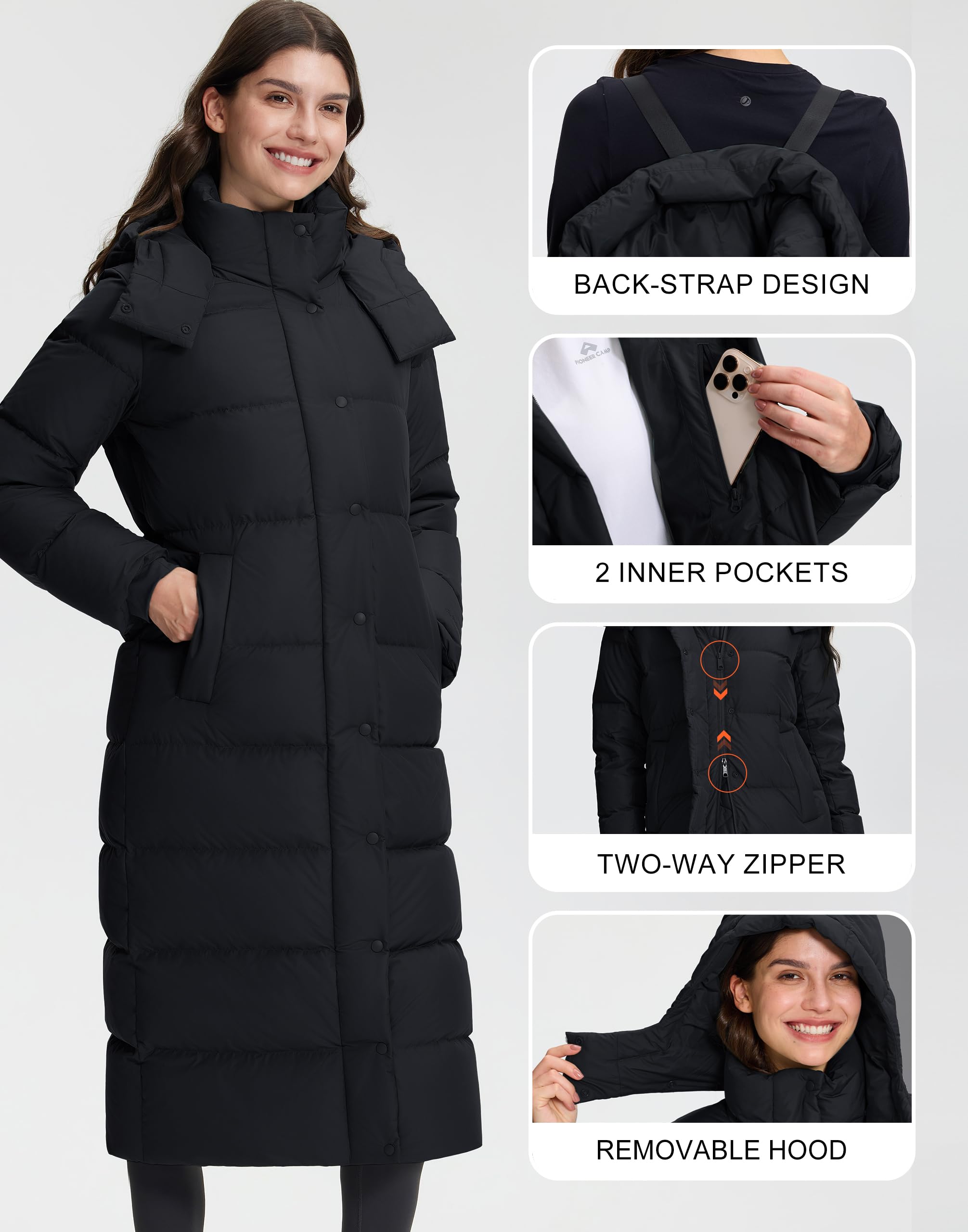 Pioneer Camp Wintermantel Damen Lang Warm Daunenjacke Wind und Wasserdicht Steppmantel Damen Winterjacke mit Abnehmbarer Kapuze Puffer Jacke mit Taschen Daunenmantel Damen für Kalte Winter