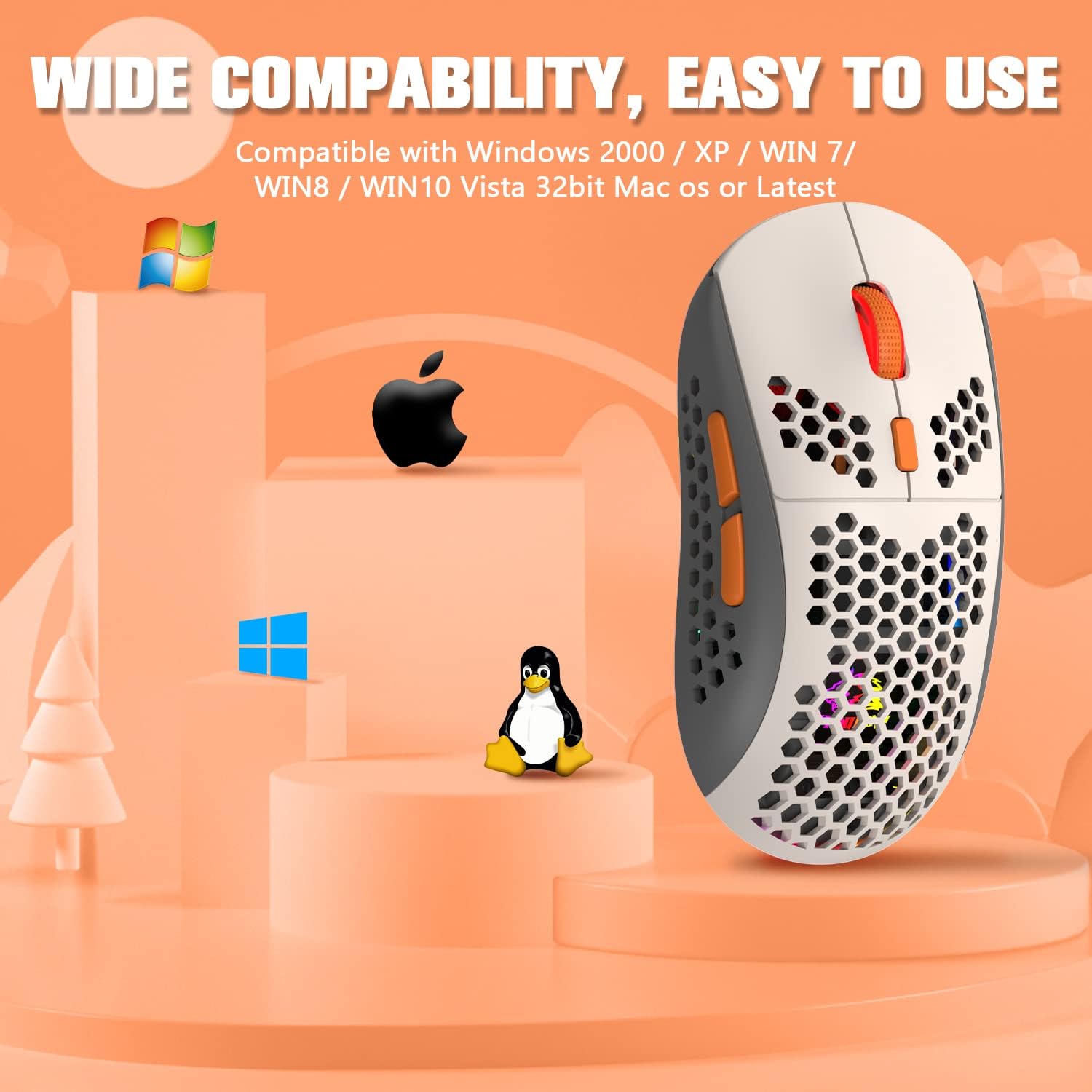 KUIYN 383 PRO M8 mouse demonstrating wide compatibility with Windows, Apple, and Linux operating systems