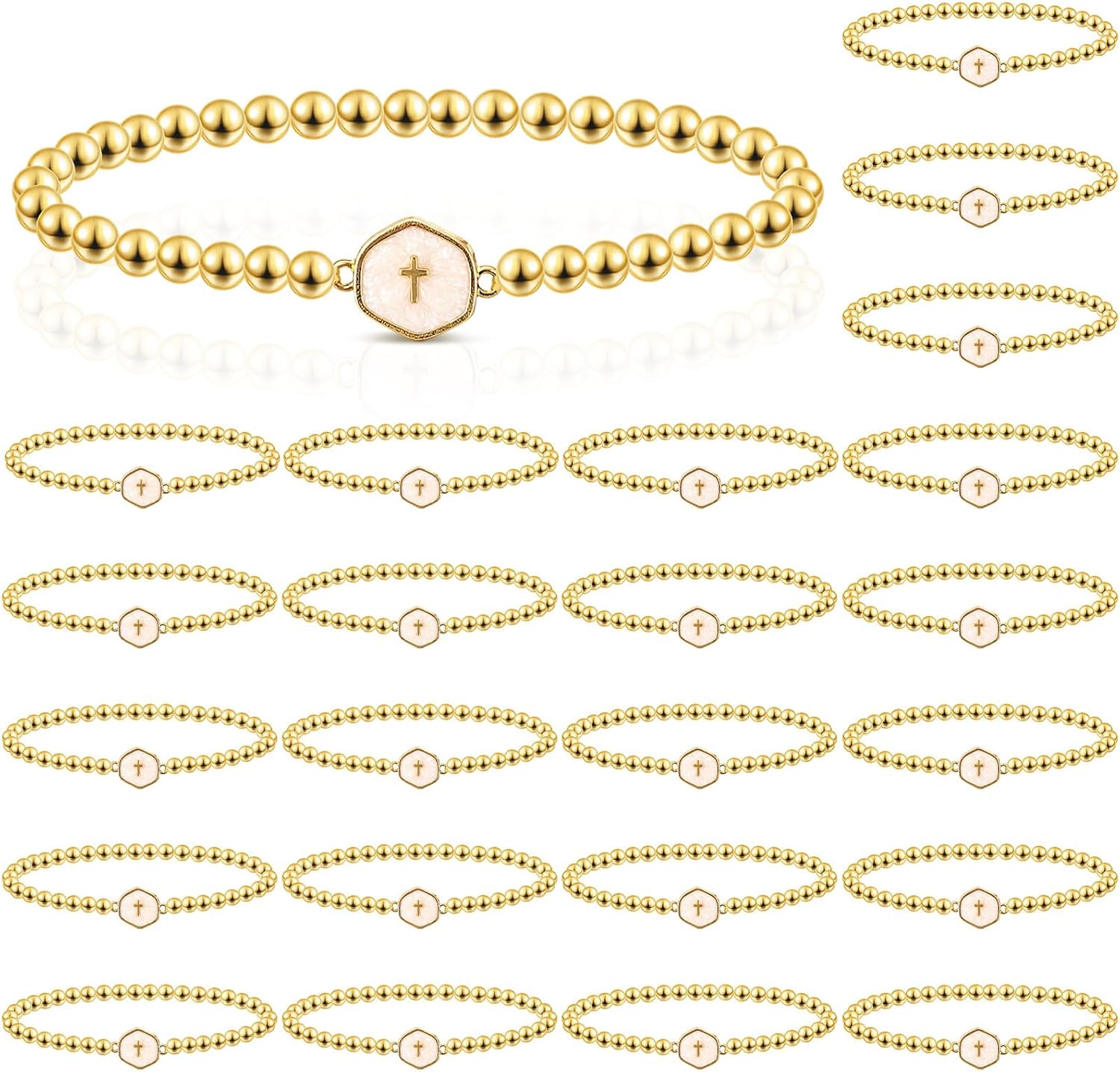 Tondiamo 24 Pcs Mothers Day Church Gifts Bulk Gold Faith Bracelets Women Jesus Christian Cross Bracelets Dainty Gold Beaded Charms Jewelry Stackable Religious Mothers Day Gifts Baptism Party Favors