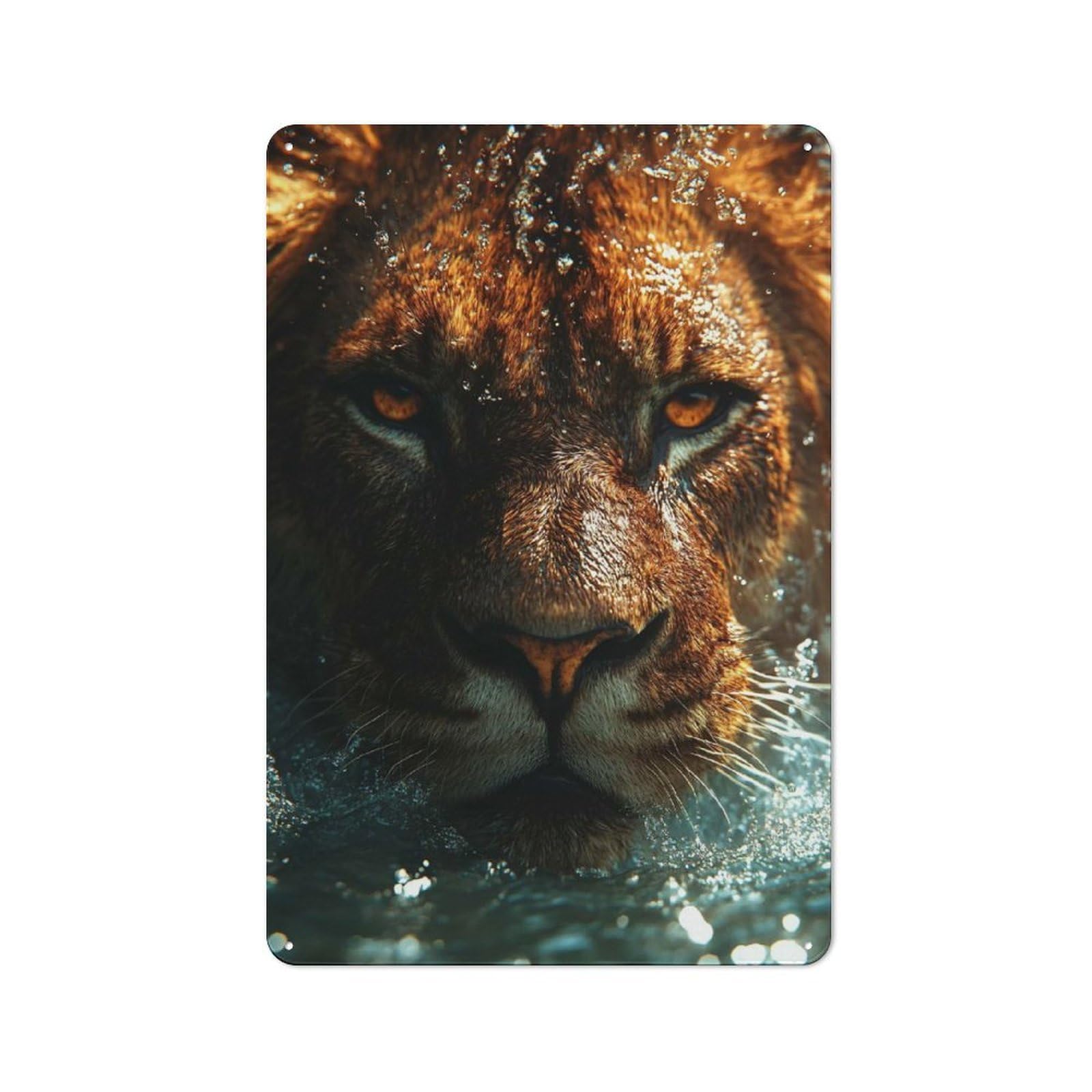 Junmoney Style-23 Lion In Water Close-Up Rustic Metal Wall Sign 30X20cm For Workshop Wall, Suited To Makers And Diy Enthusiasts