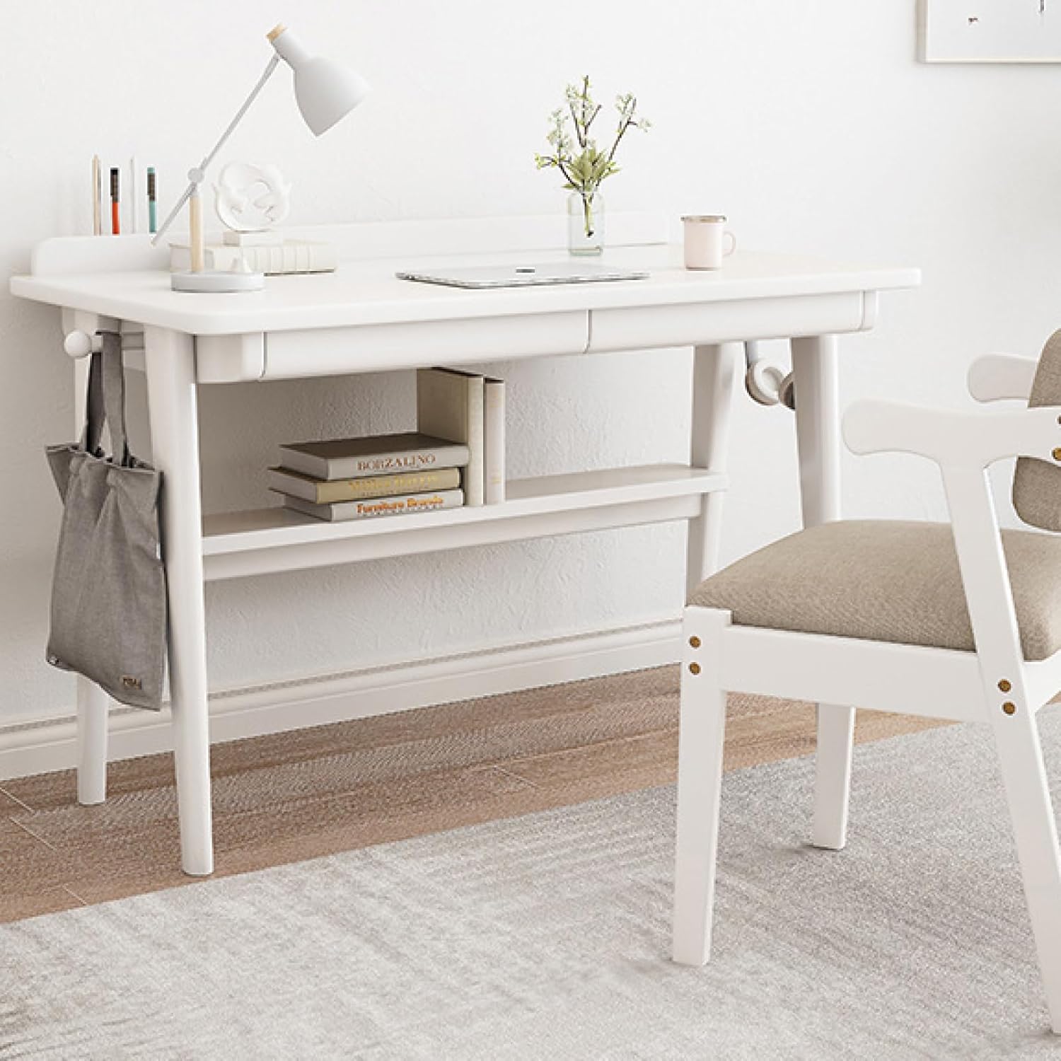 Mid Century Small Study Desk with Storage Drawer, Modern Home Office Desk Writing Desk Computer Workstation(31 Inch, White)