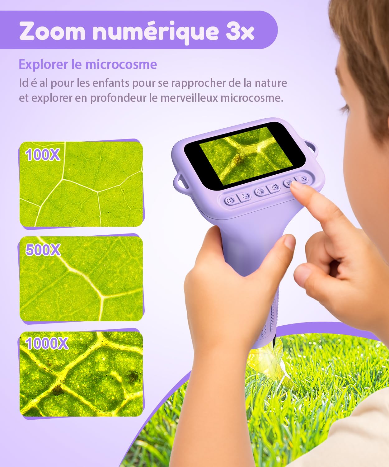 USCAMEL Microscope Numérique pour Enfant Petiscope : 1000x Microscope de Poche Écran IPS 2.0" Lumières LED Portable Miniscope Kit - Jouet 3 à 12 Ans Éducatif pour Explorateurs de la Nature