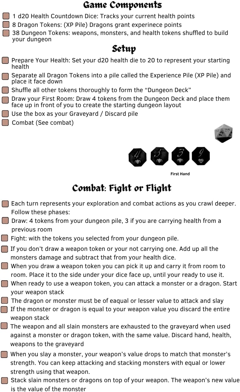 One Player Solitaire TTRPG Game with Dice & Tokens | Solo Dungeon Adventure | Quick, Replayable Combat Game | Single Player Role-Playing |