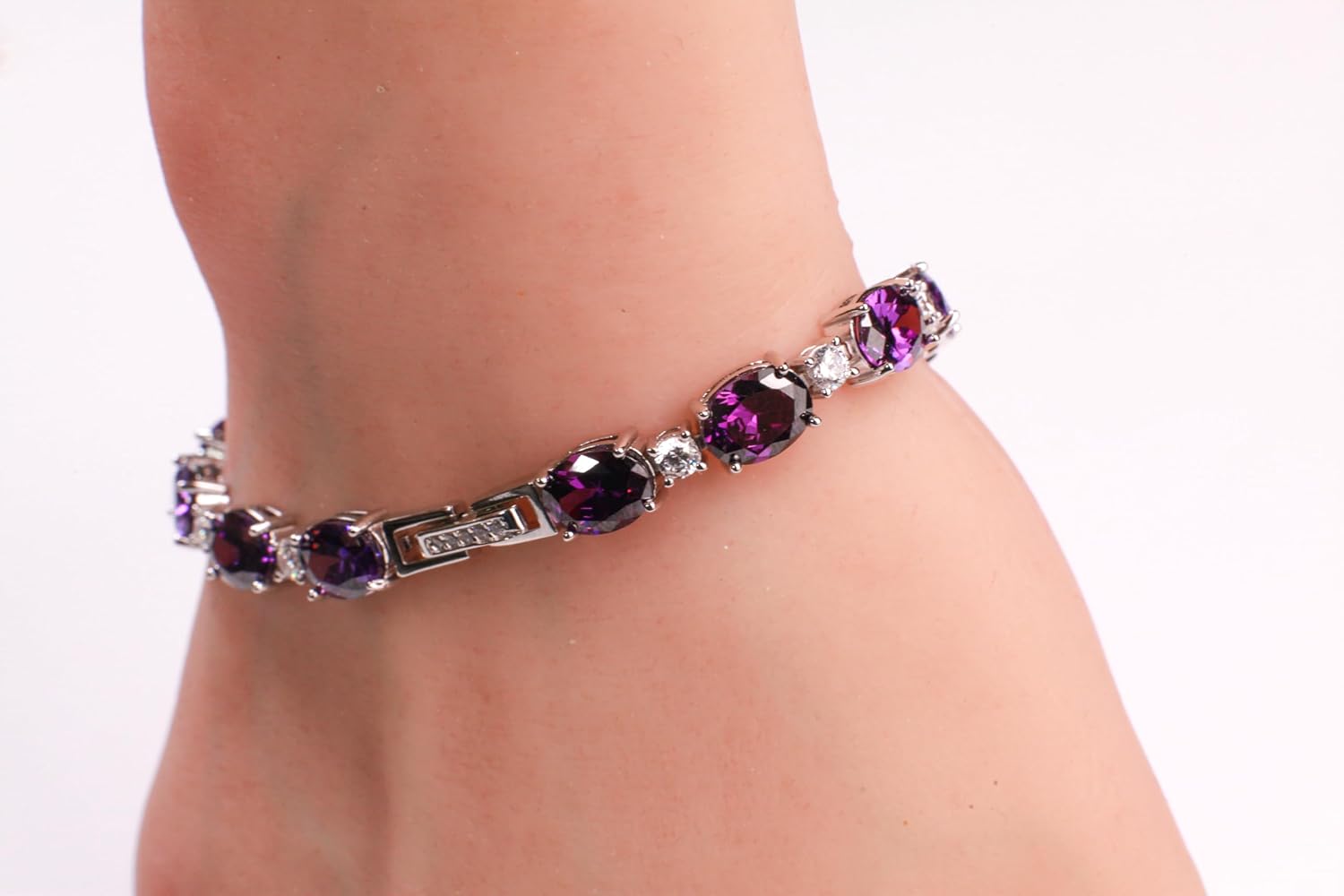 Purple Amethyst Oval shape 6x8mm Prong CZ Diamond 925 Sterling Silver Tennis Bracelet 7" February birthstone, holiday best gift 925 stamped